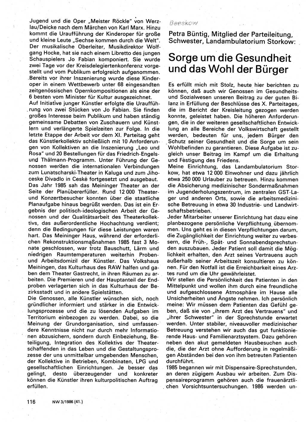 Neuer Weg (NW), Organ des Zentralkomitees (ZK) der SED (Sozialistische Einheitspartei Deutschlands) für Fragen des Parteilebens, 41. Jahrgang [Deutsche Demokratische Republik (DDR)] 1986, Seite 116 (NW ZK SED DDR 1986, S. 116)