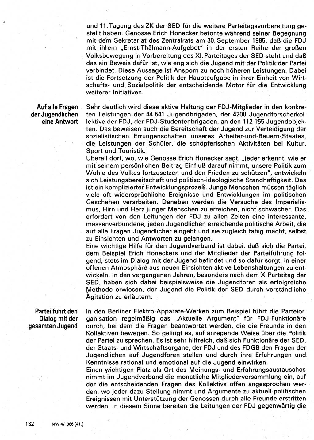 Neuer Weg (NW), Organ des Zentralkomitees (ZK) der SED (Sozialistische Einheitspartei Deutschlands) für Fragen des Parteilebens, 41. Jahrgang [Deutsche Demokratische Republik (DDR)] 1986, Seite 132 (NW ZK SED DDR 1986, S. 132)