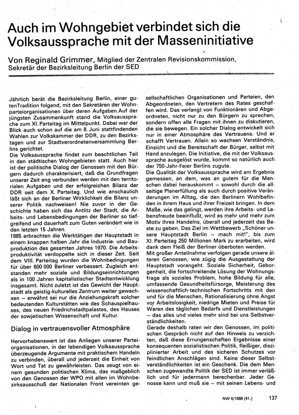 Neuer Weg (NW), Organ des Zentralkomitees (ZK) der SED (Sozialistische Einheitspartei Deutschlands) für Fragen des Parteilebens, 41. Jahrgang [Deutsche Demokratische Republik (DDR)] 1986, Seite 137 (NW ZK SED DDR 1986, S. 137)