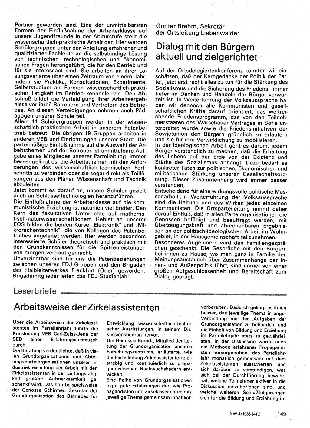 Neuer Weg (NW), Organ des Zentralkomitees (ZK) der SED (Sozialistische Einheitspartei Deutschlands) für Fragen des Parteilebens, 41. Jahrgang [Deutsche Demokratische Republik (DDR)] 1986, Seite 149 (NW ZK SED DDR 1986, S. 149)