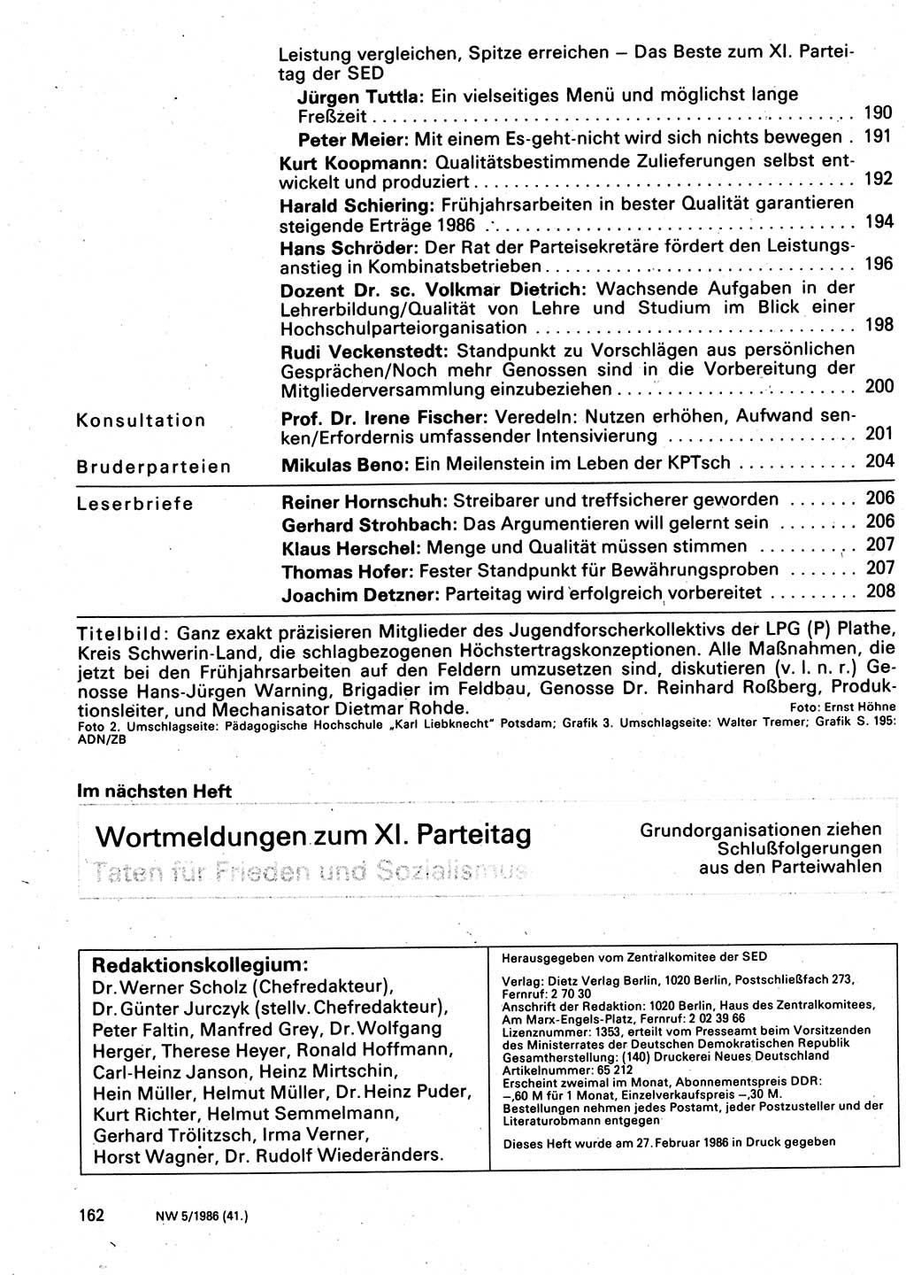 Neuer Weg (NW), Organ des Zentralkomitees (ZK) der SED (Sozialistische Einheitspartei Deutschlands) für Fragen des Parteilebens, 41. Jahrgang [Deutsche Demokratische Republik (DDR)] 1986, Seite 162 (NW ZK SED DDR 1986, S. 162)