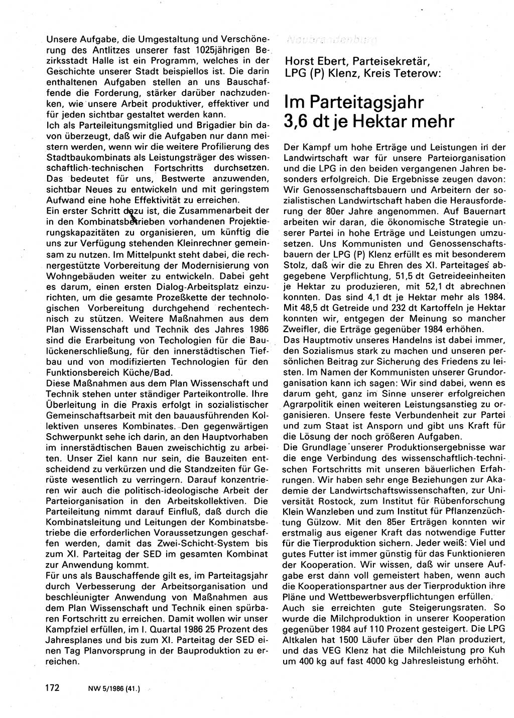 Neuer Weg (NW), Organ des Zentralkomitees (ZK) der SED (Sozialistische Einheitspartei Deutschlands) für Fragen des Parteilebens, 41. Jahrgang [Deutsche Demokratische Republik (DDR)] 1986, Seite 172 (NW ZK SED DDR 1986, S. 172)