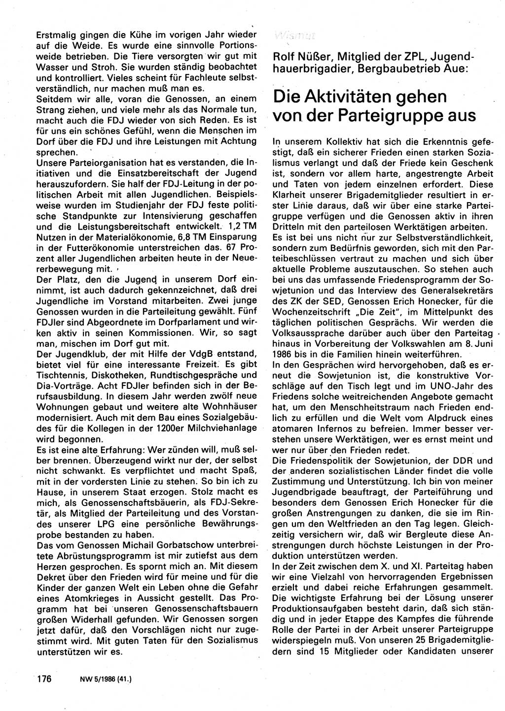 Neuer Weg (NW), Organ des Zentralkomitees (ZK) der SED (Sozialistische Einheitspartei Deutschlands) für Fragen des Parteilebens, 41. Jahrgang [Deutsche Demokratische Republik (DDR)] 1986, Seite 176 (NW ZK SED DDR 1986, S. 176)