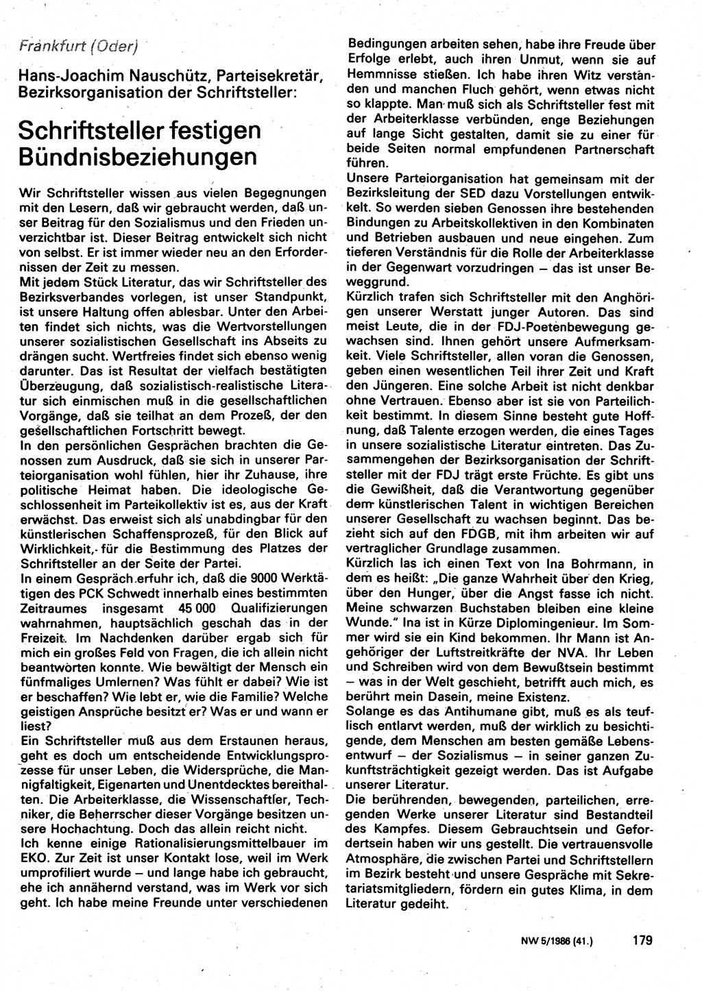 Neuer Weg (NW), Organ des Zentralkomitees (ZK) der SED (Sozialistische Einheitspartei Deutschlands) für Fragen des Parteilebens, 41. Jahrgang [Deutsche Demokratische Republik (DDR)] 1986, Seite 179 (NW ZK SED DDR 1986, S. 179)