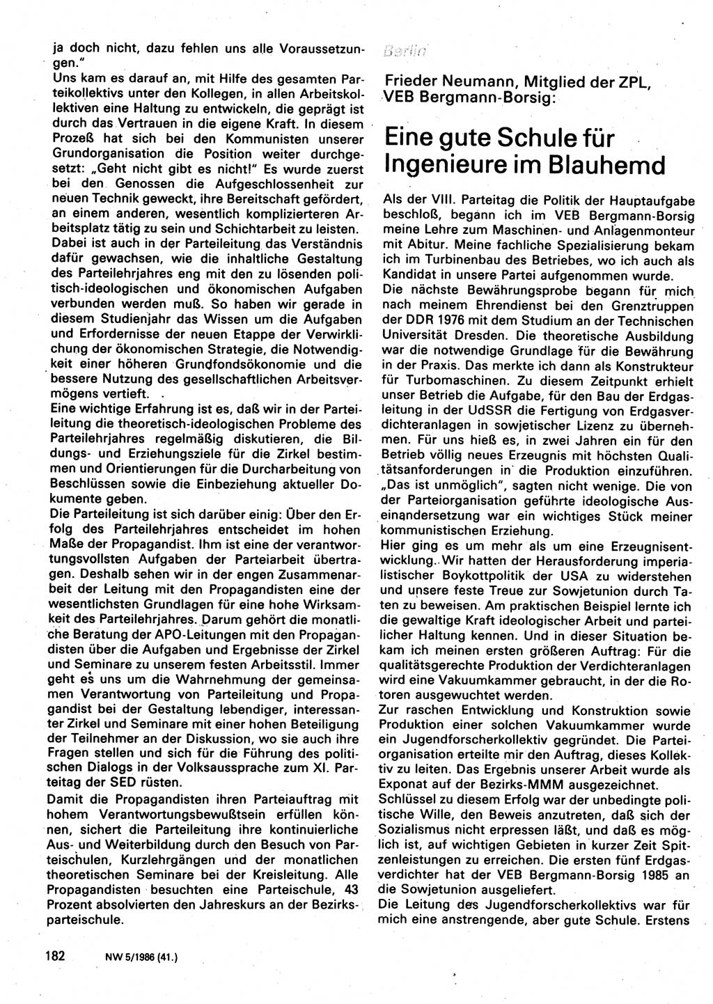 Neuer Weg (NW), Organ des Zentralkomitees (ZK) der SED (Sozialistische Einheitspartei Deutschlands) für Fragen des Parteilebens, 41. Jahrgang [Deutsche Demokratische Republik (DDR)] 1986, Seite 182 (NW ZK SED DDR 1986, S. 182)