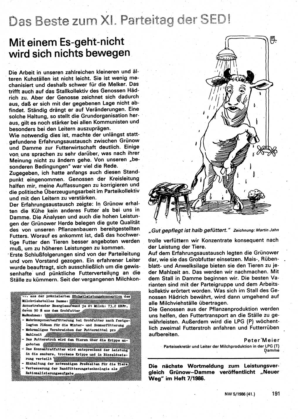 Neuer Weg (NW), Organ des Zentralkomitees (ZK) der SED (Sozialistische Einheitspartei Deutschlands) für Fragen des Parteilebens, 41. Jahrgang [Deutsche Demokratische Republik (DDR)] 1986, Seite 191 (NW ZK SED DDR 1986, S. 191)