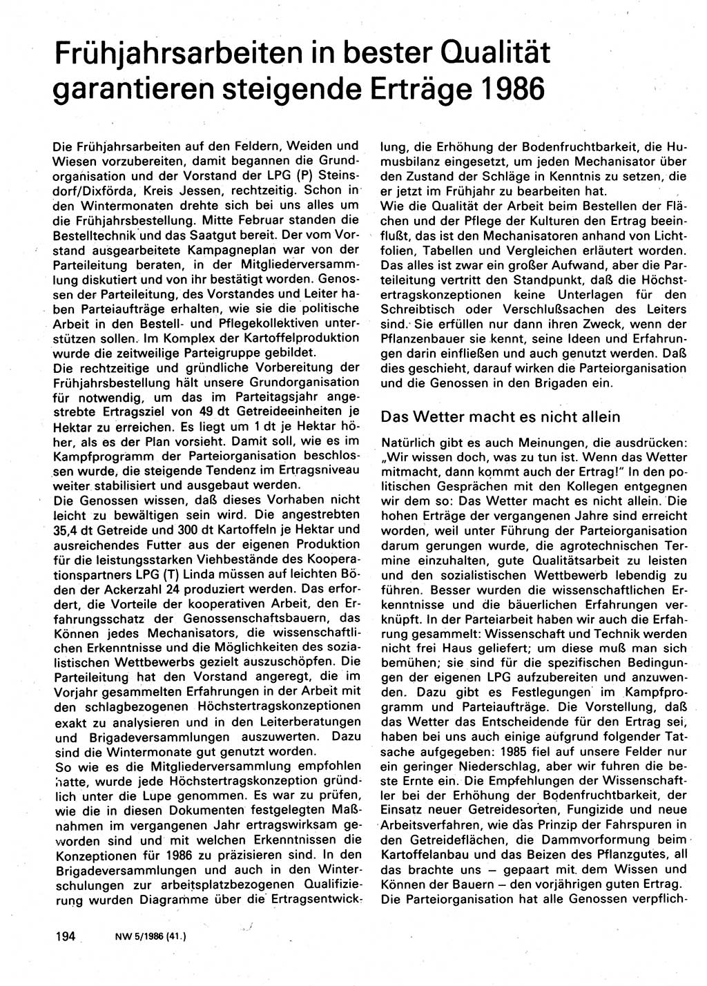 Neuer Weg (NW), Organ des Zentralkomitees (ZK) der SED (Sozialistische Einheitspartei Deutschlands) für Fragen des Parteilebens, 41. Jahrgang [Deutsche Demokratische Republik (DDR)] 1986, Seite 194 (NW ZK SED DDR 1986, S. 194)