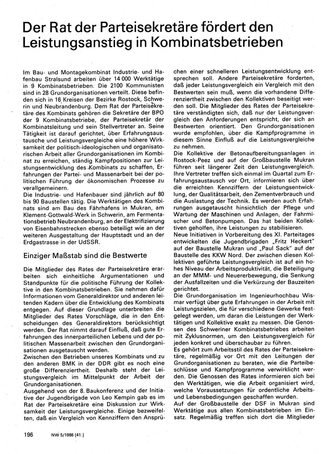 Neuer Weg (NW), Organ des Zentralkomitees (ZK) der SED (Sozialistische Einheitspartei Deutschlands) für Fragen des Parteilebens, 41. Jahrgang [Deutsche Demokratische Republik (DDR)] 1986, Seite 196 (NW ZK SED DDR 1986, S. 196)