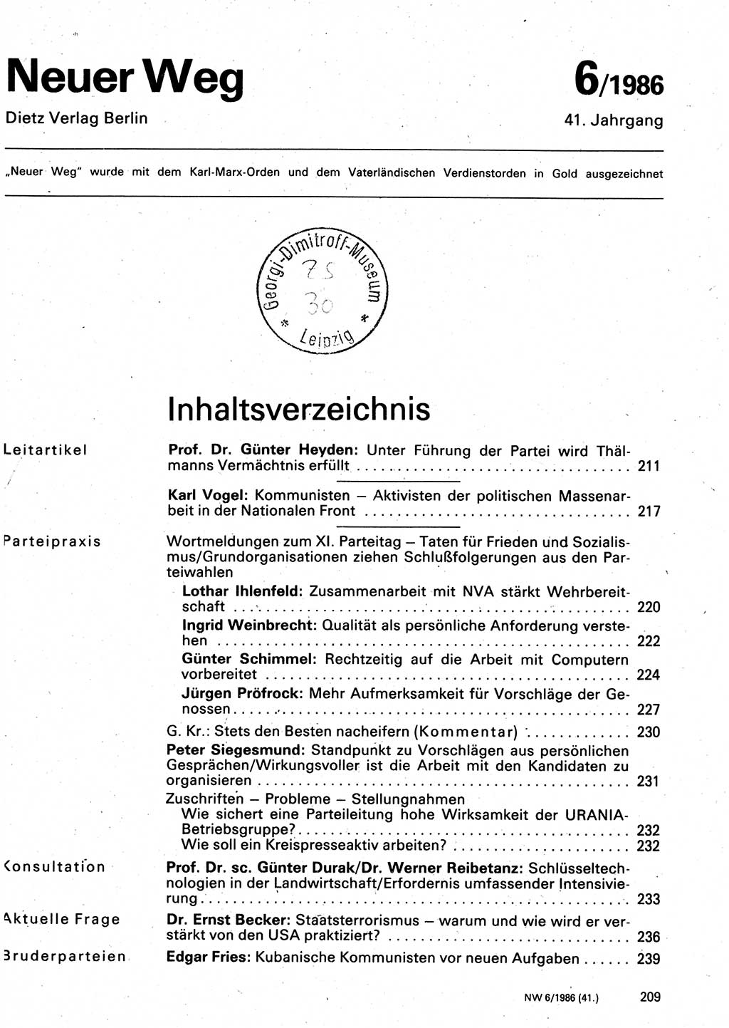 Neuer Weg (NW), Organ des Zentralkomitees (ZK) der SED (Sozialistische Einheitspartei Deutschlands) für Fragen des Parteilebens, 41. Jahrgang [Deutsche Demokratische Republik (DDR)] 1986, Seite 209 (NW ZK SED DDR 1986, S. 209)