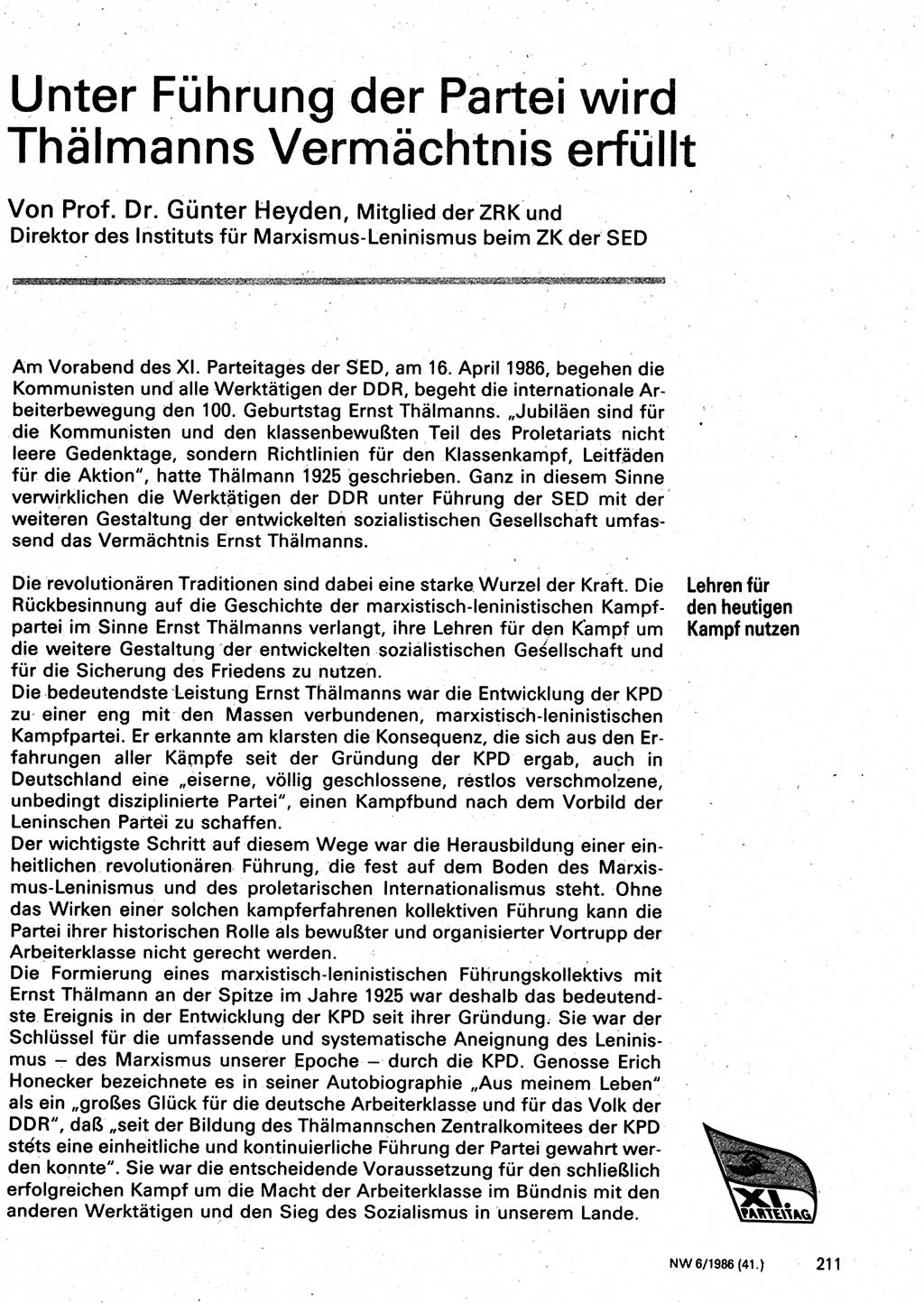 Neuer Weg (NW), Organ des Zentralkomitees (ZK) der SED (Sozialistische Einheitspartei Deutschlands) für Fragen des Parteilebens, 41. Jahrgang [Deutsche Demokratische Republik (DDR)] 1986, Seite 211 (NW ZK SED DDR 1986, S. 211)