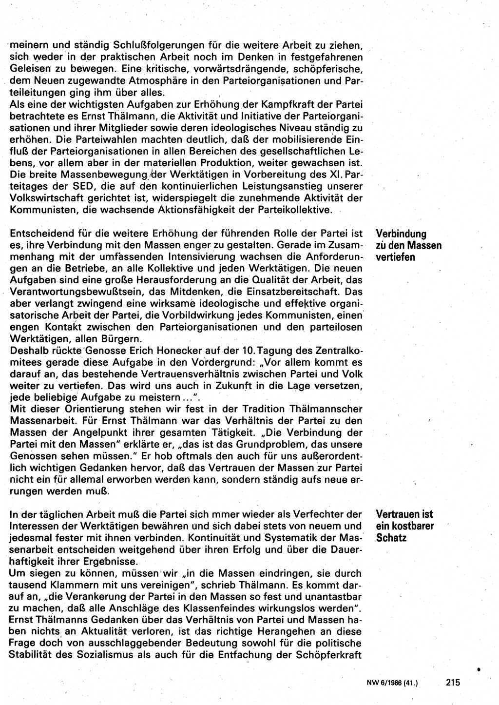Neuer Weg (NW), Organ des Zentralkomitees (ZK) der SED (Sozialistische Einheitspartei Deutschlands) für Fragen des Parteilebens, 41. Jahrgang [Deutsche Demokratische Republik (DDR)] 1986, Seite 215 (NW ZK SED DDR 1986, S. 215)