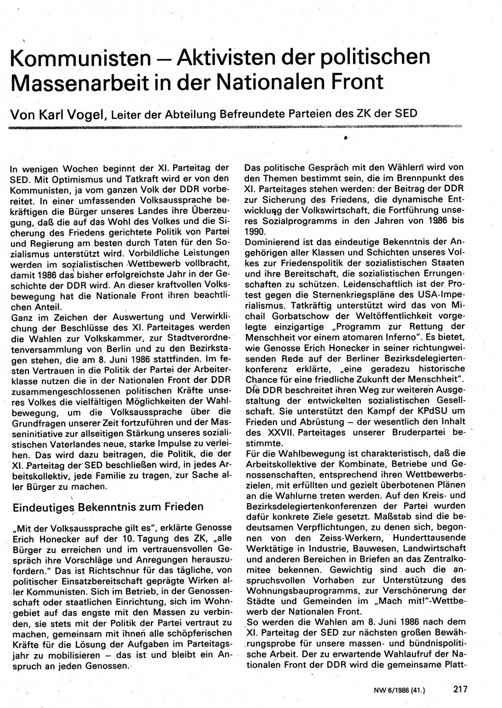 Neuer Weg (NW), Organ des Zentralkomitees (ZK) der SED (Sozialistische Einheitspartei Deutschlands) für Fragen des Parteilebens, 41. Jahrgang [Deutsche Demokratische Republik (DDR)] 1986, Seite 217 (NW ZK SED DDR 1986, S. 217)