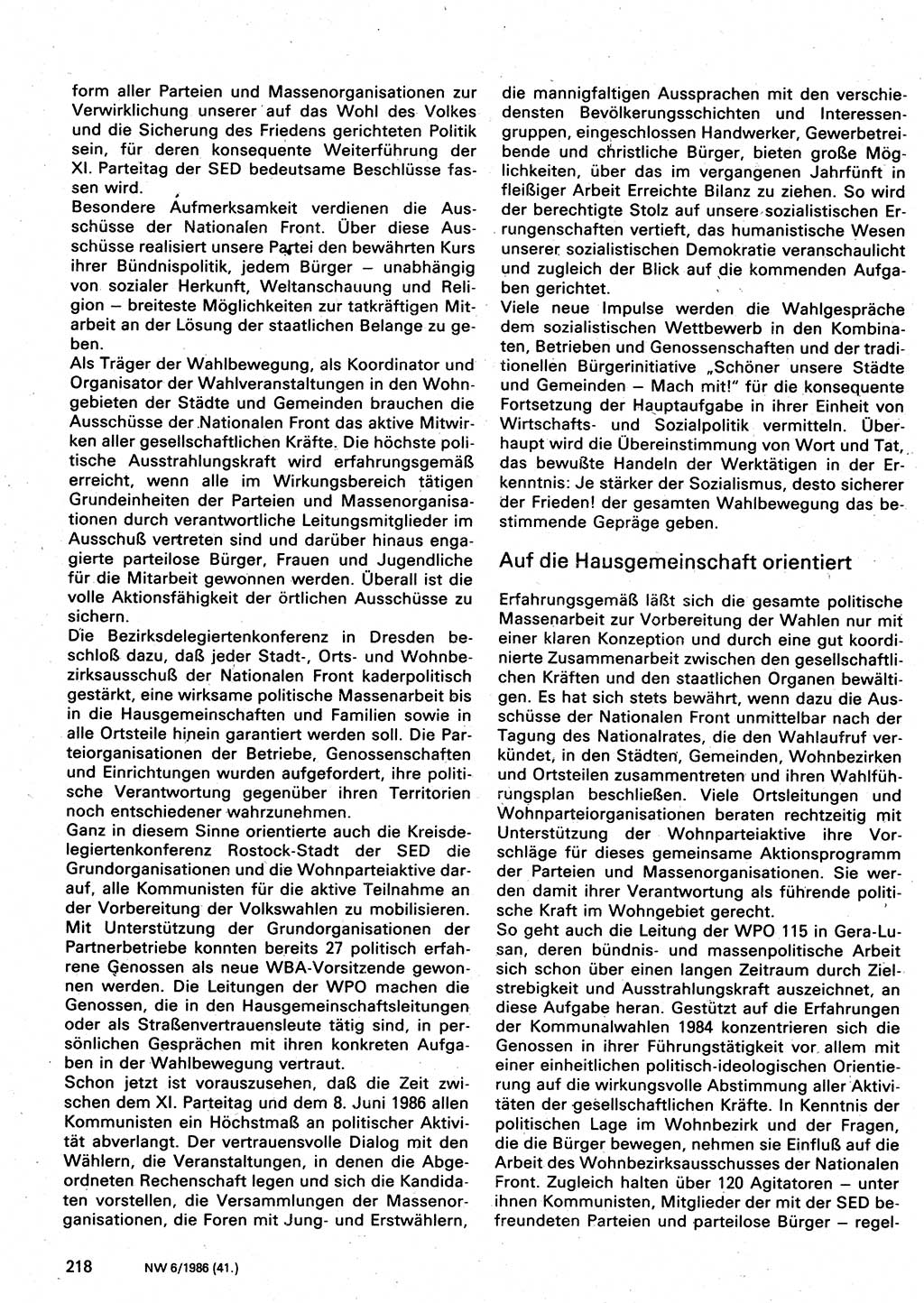 Neuer Weg (NW), Organ des Zentralkomitees (ZK) der SED (Sozialistische Einheitspartei Deutschlands) für Fragen des Parteilebens, 41. Jahrgang [Deutsche Demokratische Republik (DDR)] 1986, Seite 218 (NW ZK SED DDR 1986, S. 218)