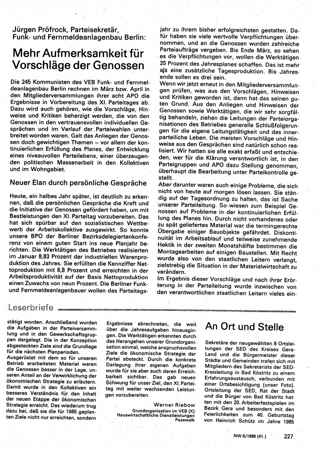 Neuer Weg (NW), Organ des Zentralkomitees (ZK) der SED (Sozialistische Einheitspartei Deutschlands) für Fragen des Parteilebens, 41. Jahrgang [Deutsche Demokratische Republik (DDR)] 1986, Seite 227 (NW ZK SED DDR 1986, S. 227)