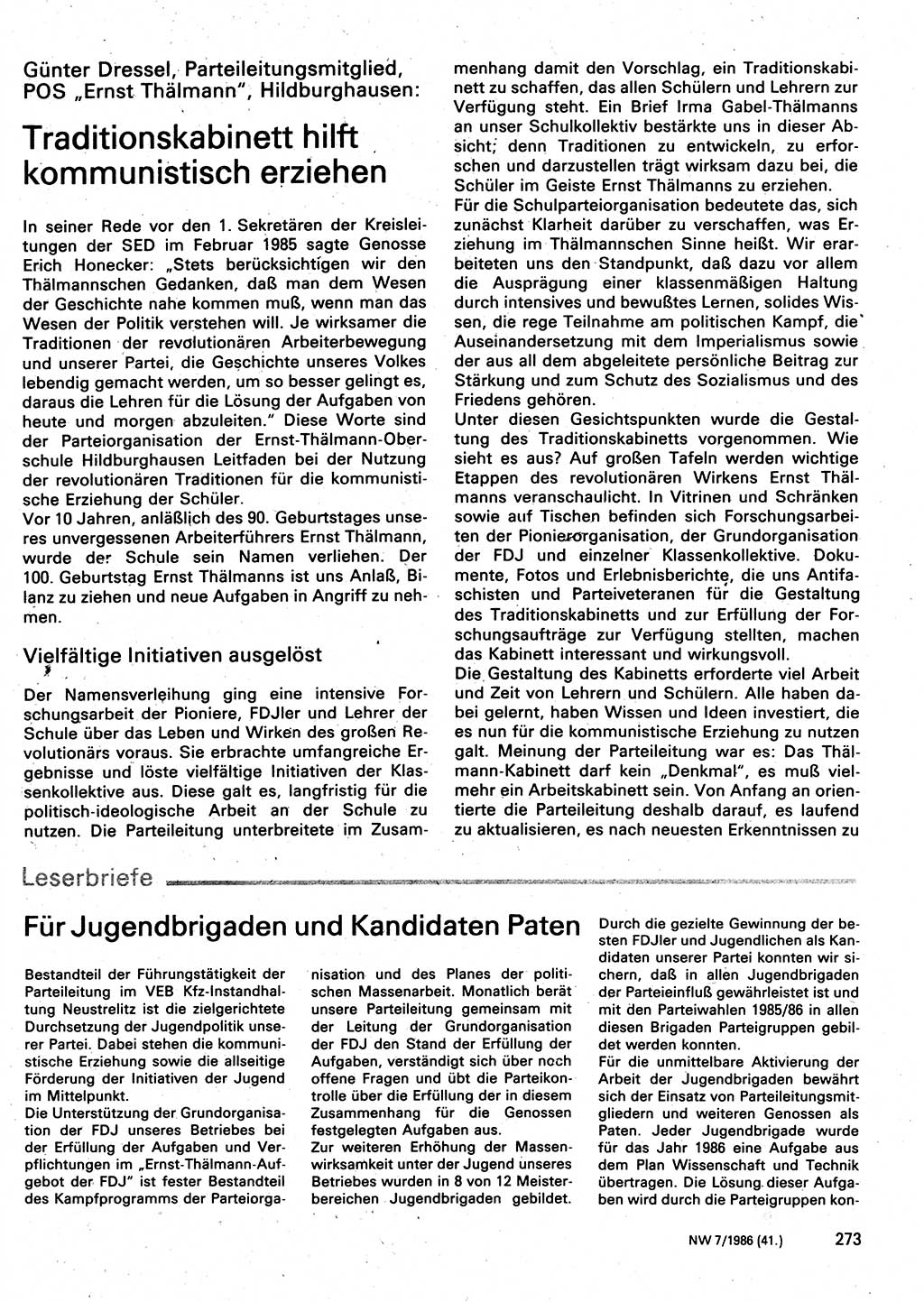 Neuer Weg (NW), Organ des Zentralkomitees (ZK) der SED (Sozialistische Einheitspartei Deutschlands) für Fragen des Parteilebens, 41. Jahrgang [Deutsche Demokratische Republik (DDR)] 1986, Seite 273 (NW ZK SED DDR 1986, S. 273)