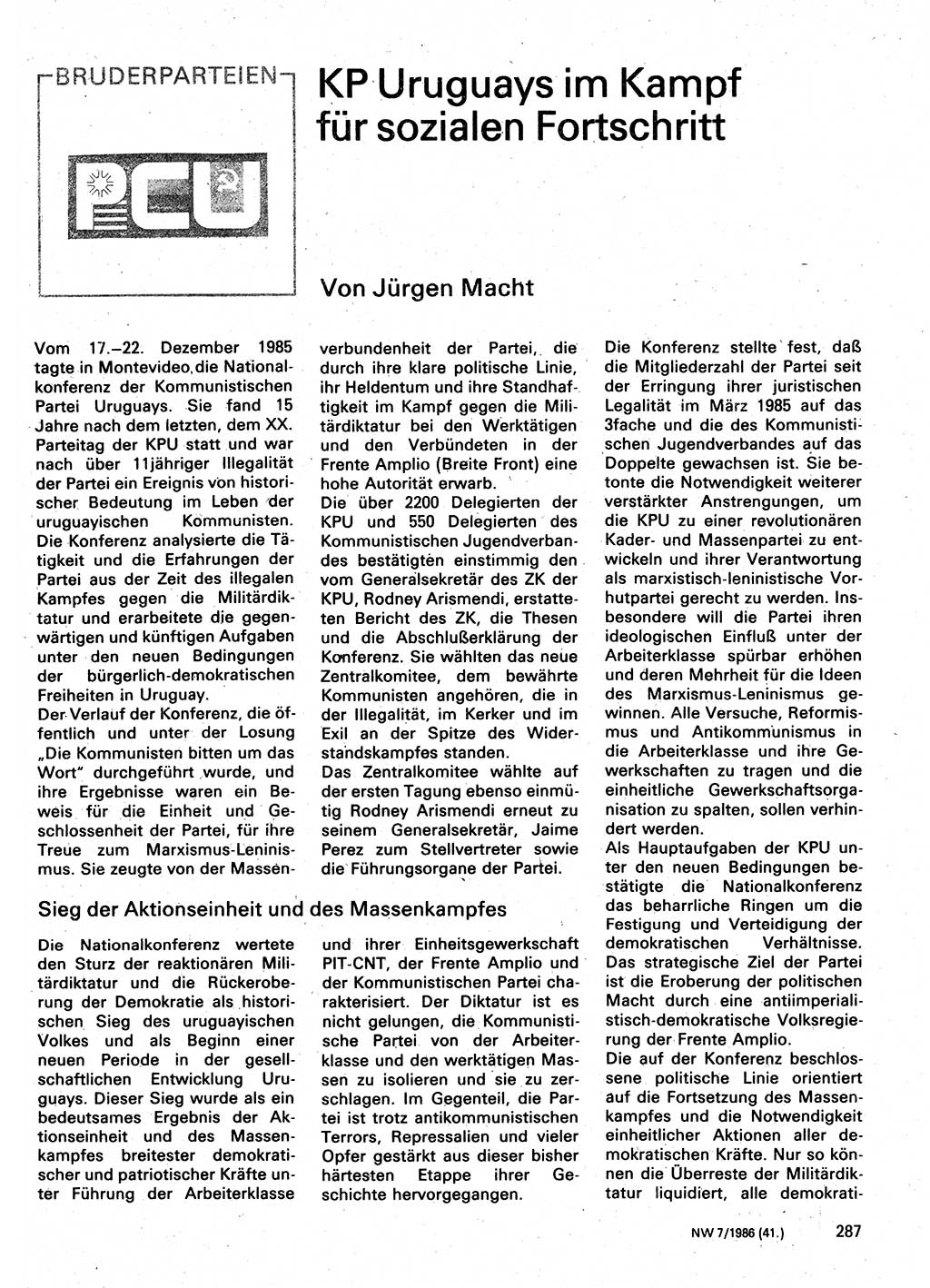 Neuer Weg (NW), Organ des Zentralkomitees (ZK) der SED (Sozialistische Einheitspartei Deutschlands) für Fragen des Parteilebens, 41. Jahrgang [Deutsche Demokratische Republik (DDR)] 1986, Seite 287 (NW ZK SED DDR 1986, S. 287)