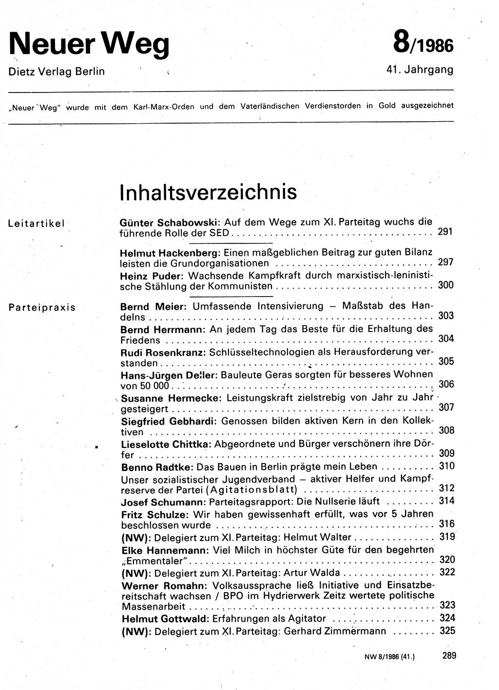 Neuer Weg (NW), Organ des Zentralkomitees (ZK) der SED (Sozialistische Einheitspartei Deutschlands) für Fragen des Parteilebens, 41. Jahrgang [Deutsche Demokratische Republik (DDR)] 1986, Seite 289 (NW ZK SED DDR 1986, S. 289)