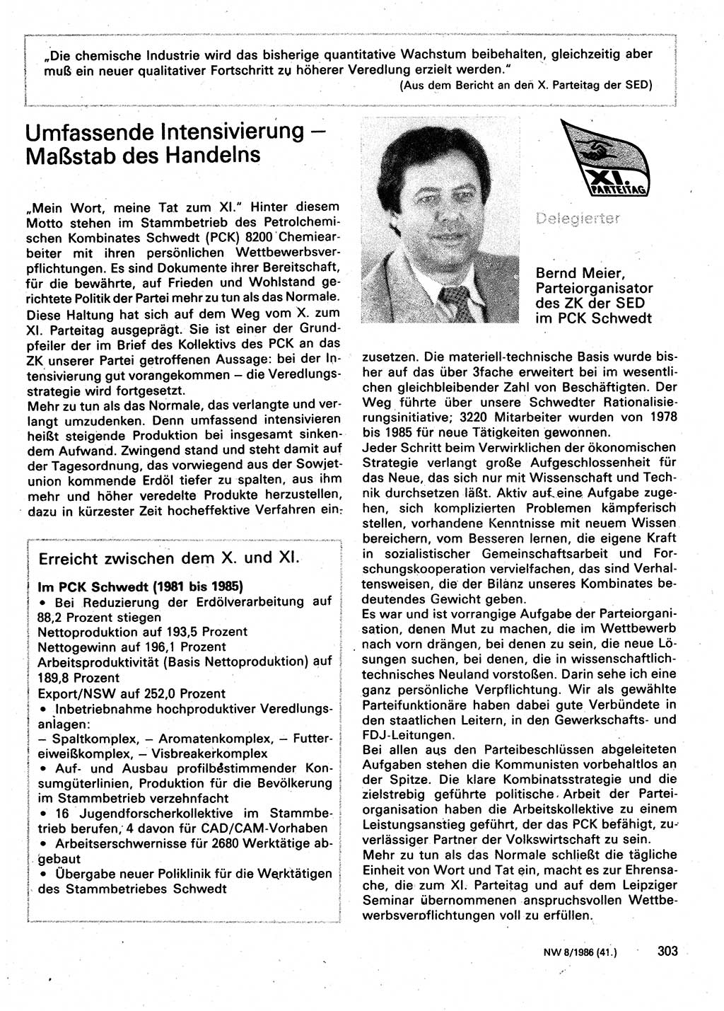 Neuer Weg (NW), Organ des Zentralkomitees (ZK) der SED (Sozialistische Einheitspartei Deutschlands) für Fragen des Parteilebens, 41. Jahrgang [Deutsche Demokratische Republik (DDR)] 1986, Seite 303 (NW ZK SED DDR 1986, S. 303)