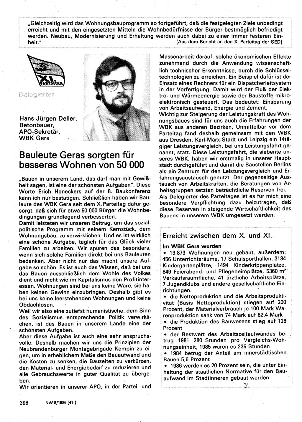 Neuer Weg (NW), Organ des Zentralkomitees (ZK) der SED (Sozialistische Einheitspartei Deutschlands) für Fragen des Parteilebens, 41. Jahrgang [Deutsche Demokratische Republik (DDR)] 1986, Seite 306 (NW ZK SED DDR 1986, S. 306)