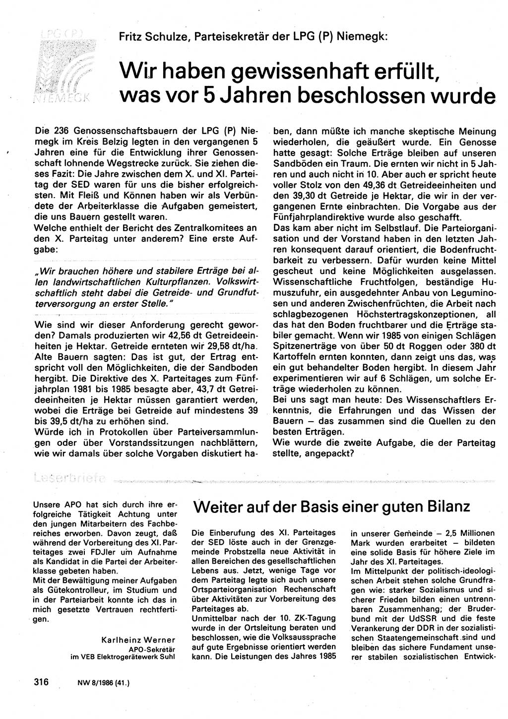 Neuer Weg (NW), Organ des Zentralkomitees (ZK) der SED (Sozialistische Einheitspartei Deutschlands) für Fragen des Parteilebens, 41. Jahrgang [Deutsche Demokratische Republik (DDR)] 1986, Seite 316 (NW ZK SED DDR 1986, S. 316)