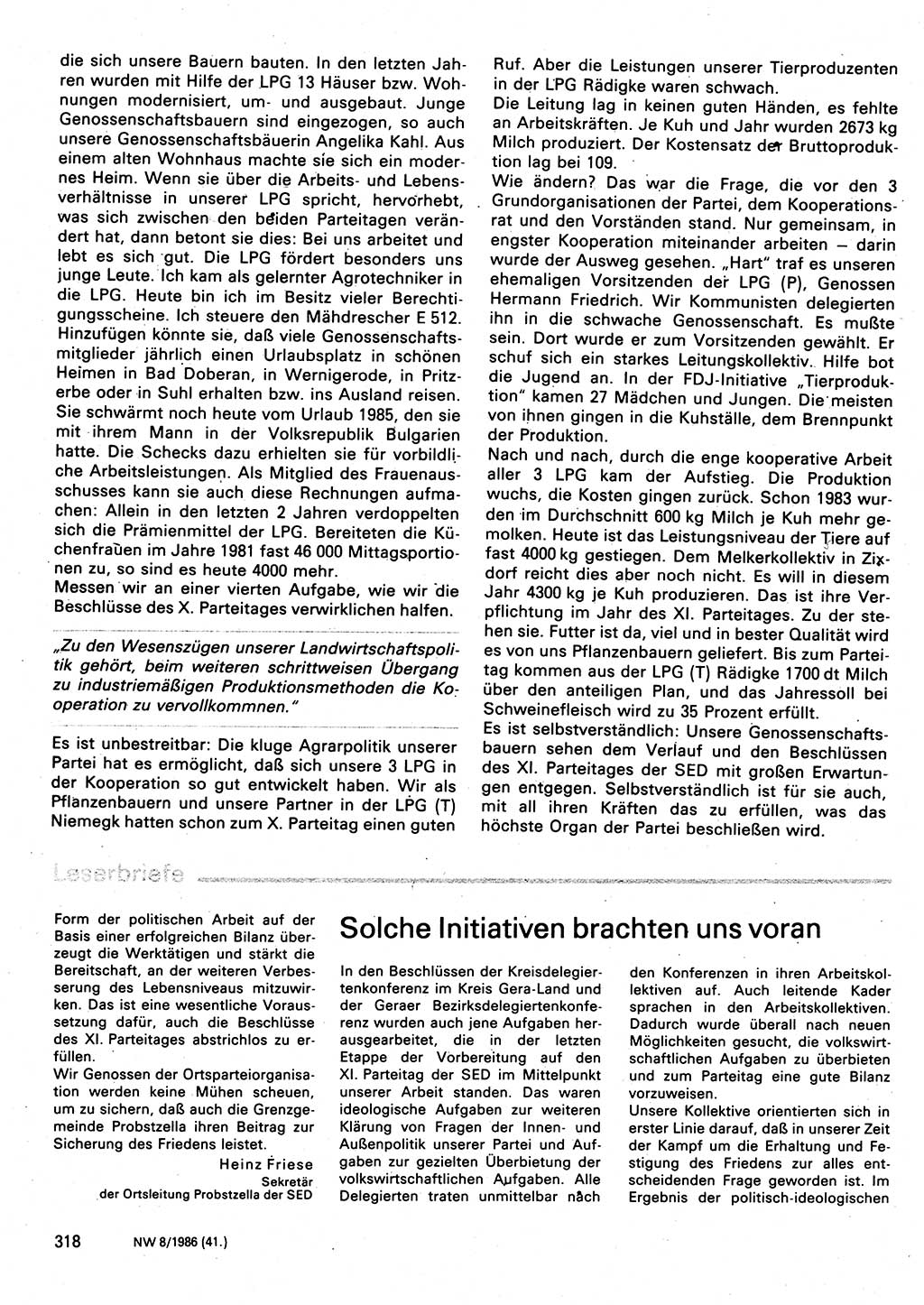 Neuer Weg (NW), Organ des Zentralkomitees (ZK) der SED (Sozialistische Einheitspartei Deutschlands) für Fragen des Parteilebens, 41. Jahrgang [Deutsche Demokratische Republik (DDR)] 1986, Seite 318 (NW ZK SED DDR 1986, S. 318)