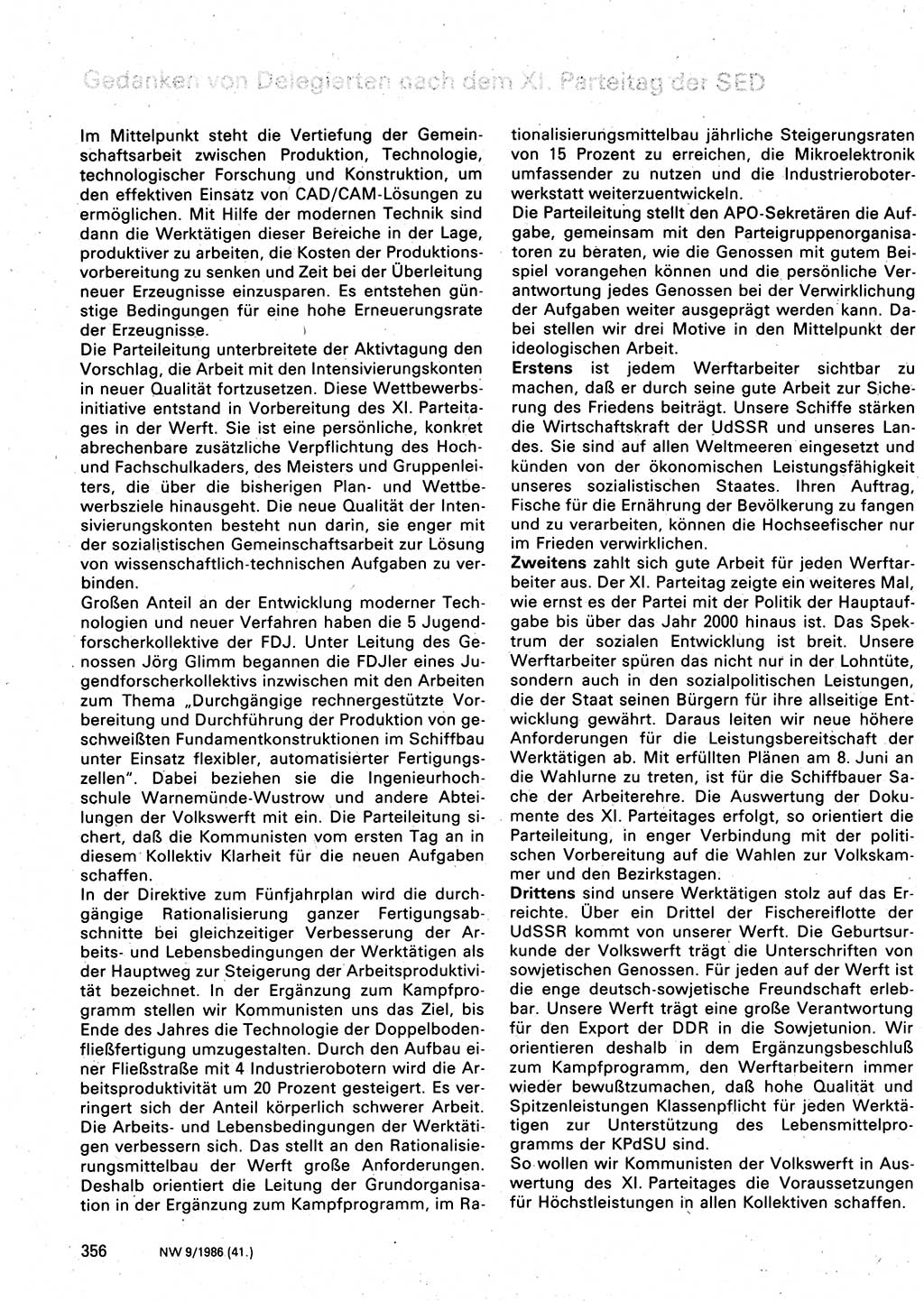 Neuer Weg (NW), Organ des Zentralkomitees (ZK) der SED (Sozialistische Einheitspartei Deutschlands) für Fragen des Parteilebens, 41. Jahrgang [Deutsche Demokratische Republik (DDR)] 1986, Seite 356 (NW ZK SED DDR 1986, S. 356)