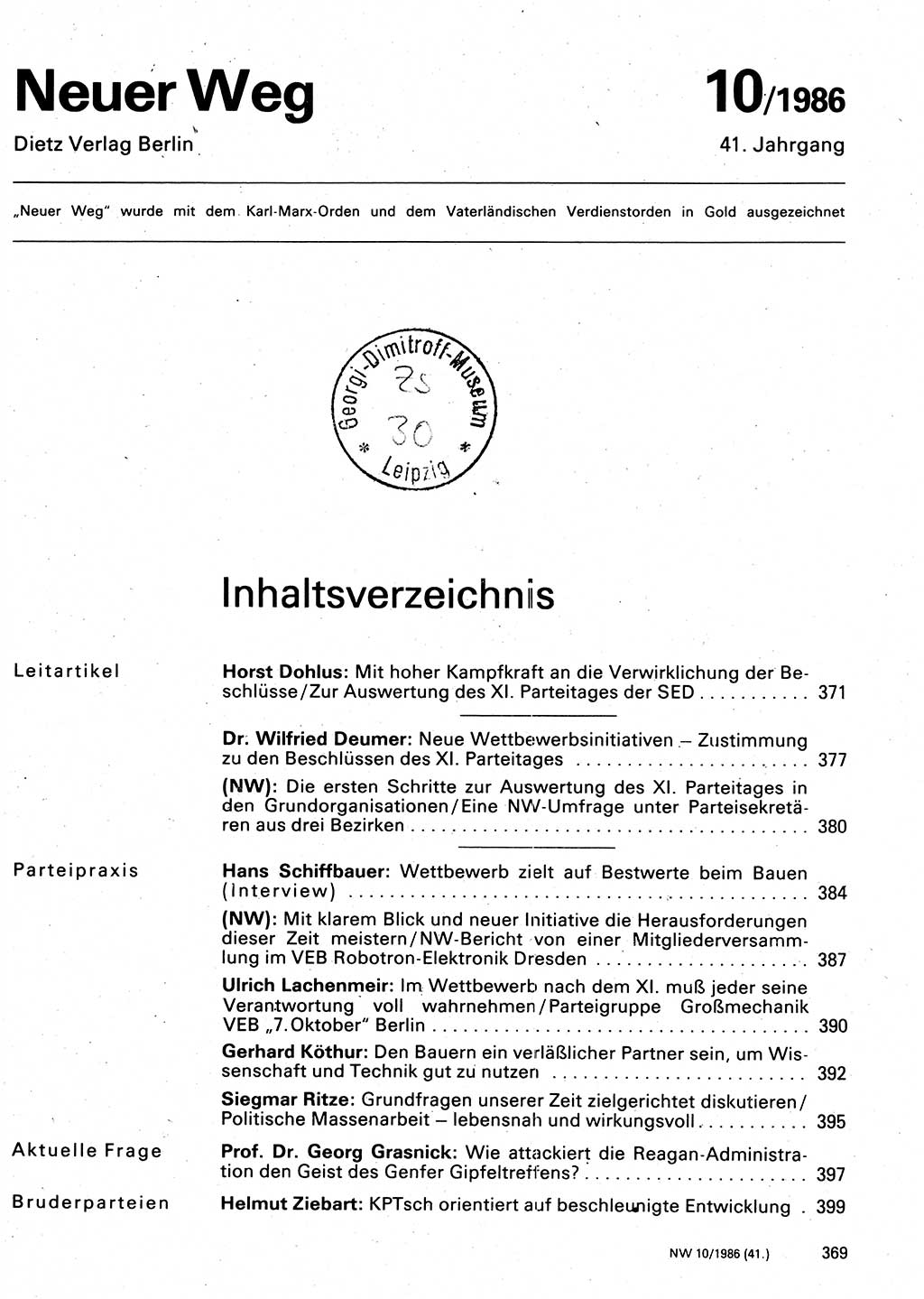 Neuer Weg (NW), Organ des Zentralkomitees (ZK) der SED (Sozialistische Einheitspartei Deutschlands) für Fragen des Parteilebens, 41. Jahrgang [Deutsche Demokratische Republik (DDR)] 1986, Seite 369 (NW ZK SED DDR 1986, S. 369)