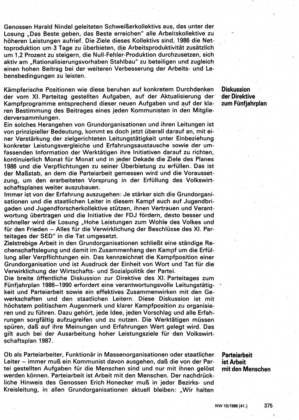 Neuer Weg (NW), Organ des Zentralkomitees (ZK) der SED (Sozialistische Einheitspartei Deutschlands) für Fragen des Parteilebens, 41. Jahrgang [Deutsche Demokratische Republik (DDR)] 1986, Seite 375 (NW ZK SED DDR 1986, S. 375)