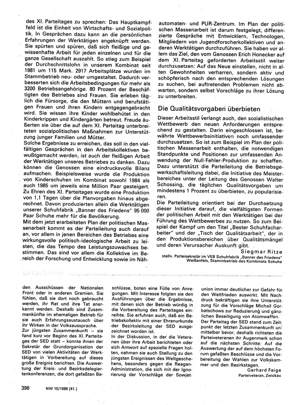 Neuer Weg (NW), Organ des Zentralkomitees (ZK) der SED (Sozialistische Einheitspartei Deutschlands) für Fragen des Parteilebens, 41. Jahrgang [Deutsche Demokratische Republik (DDR)] 1986, Seite 396 (NW ZK SED DDR 1986, S. 396)