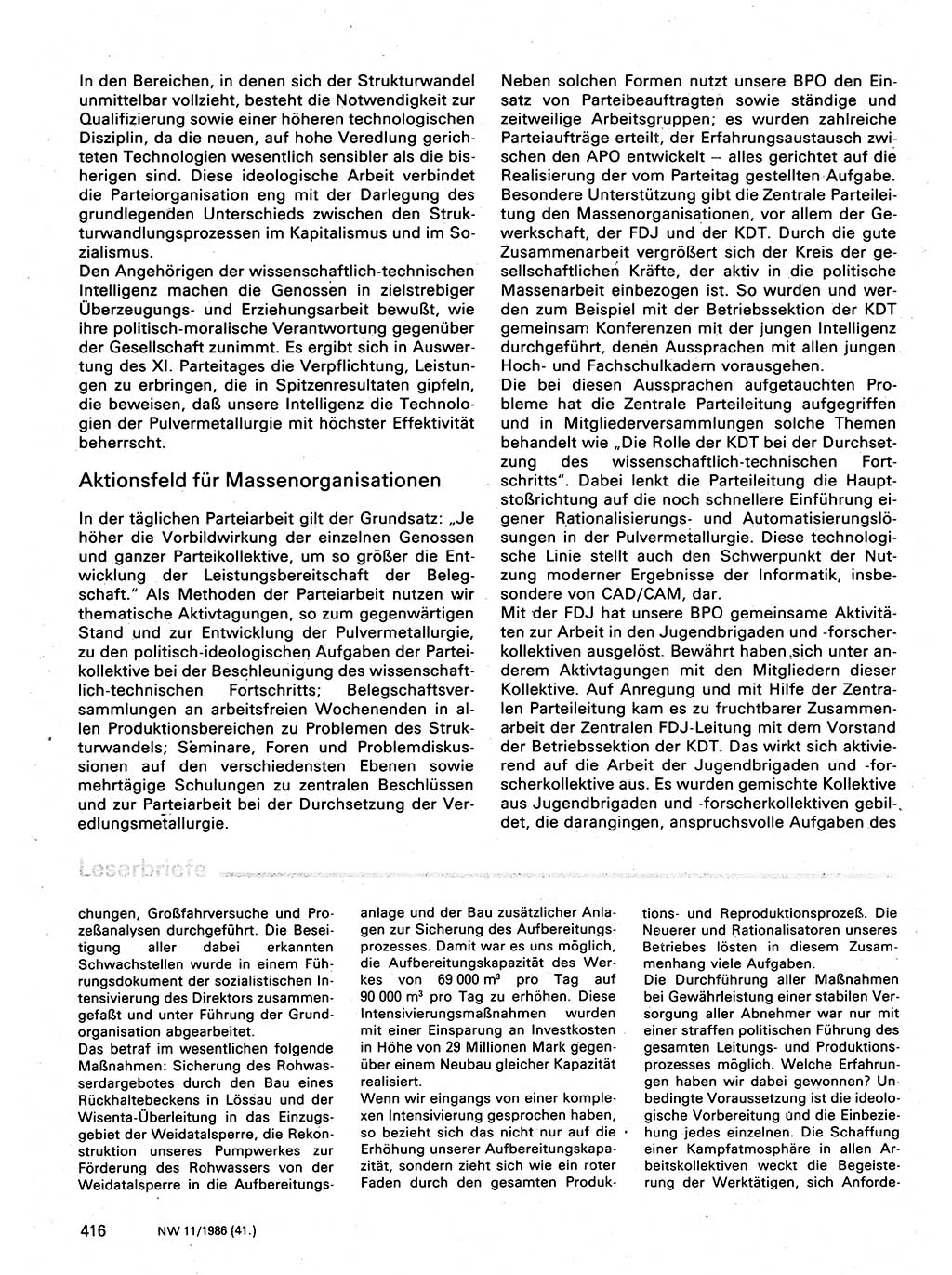 Neuer Weg (NW), Organ des Zentralkomitees (ZK) der SED (Sozialistische Einheitspartei Deutschlands) für Fragen des Parteilebens, 41. Jahrgang [Deutsche Demokratische Republik (DDR)] 1986, Seite 416 (NW ZK SED DDR 1986, S. 416)