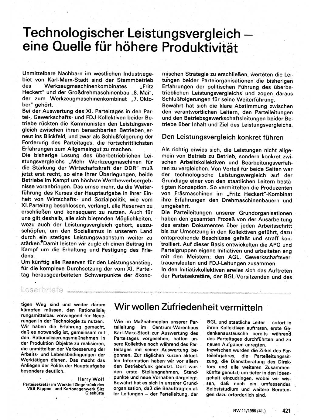 Neuer Weg (NW), Organ des Zentralkomitees (ZK) der SED (Sozialistische Einheitspartei Deutschlands) für Fragen des Parteilebens, 41. Jahrgang [Deutsche Demokratische Republik (DDR)] 1986, Seite 421 (NW ZK SED DDR 1986, S. 421)