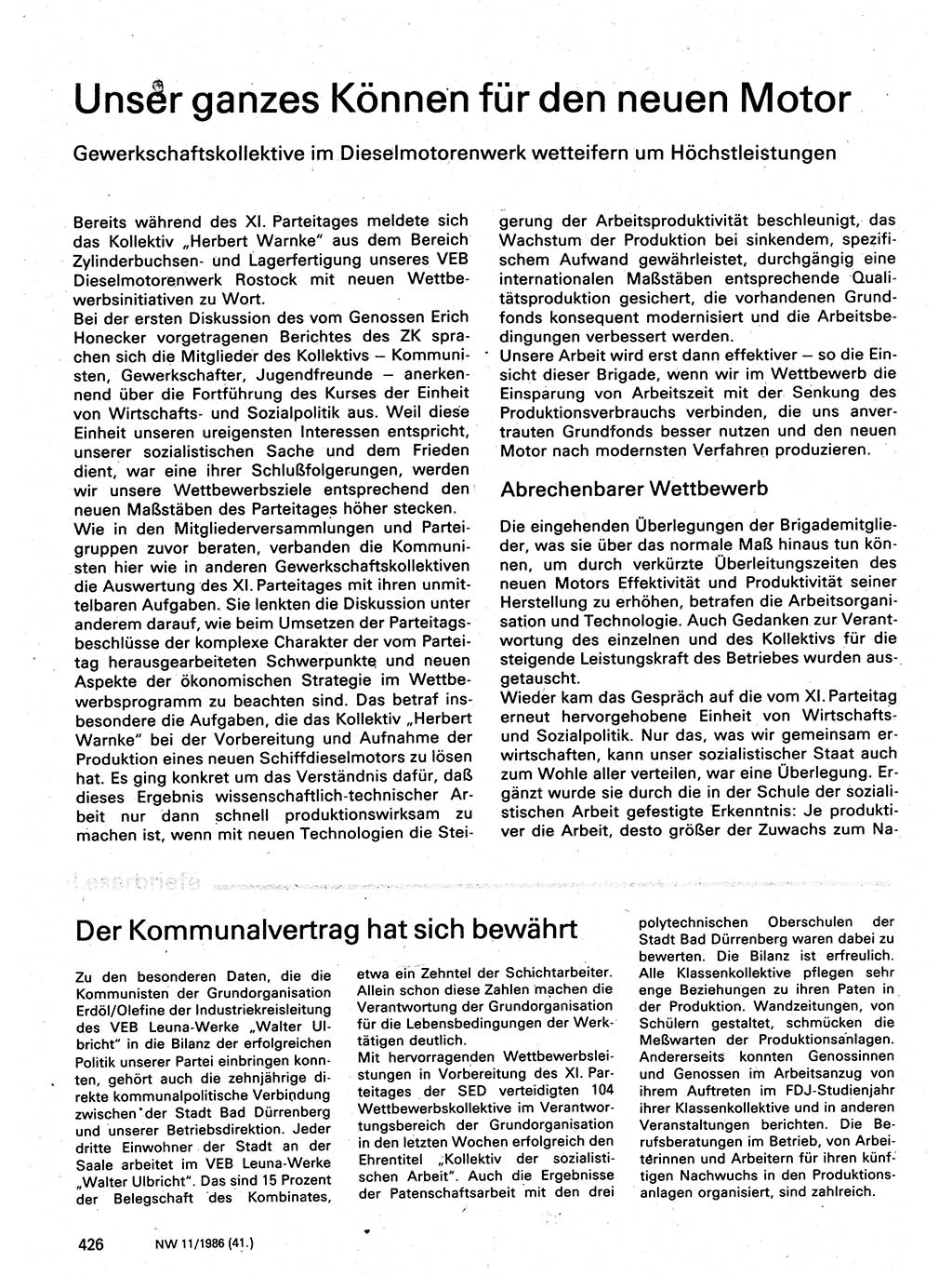 Neuer Weg (NW), Organ des Zentralkomitees (ZK) der SED (Sozialistische Einheitspartei Deutschlands) für Fragen des Parteilebens, 41. Jahrgang [Deutsche Demokratische Republik (DDR)] 1986, Seite 426 (NW ZK SED DDR 1986, S. 426)