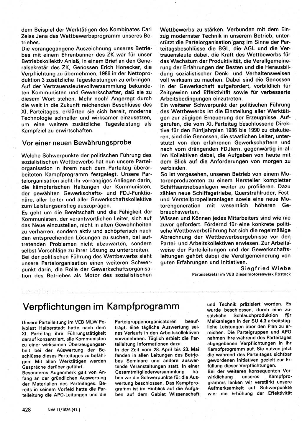 Neuer Weg (NW), Organ des Zentralkomitees (ZK) der SED (Sozialistische Einheitspartei Deutschlands) für Fragen des Parteilebens, 41. Jahrgang [Deutsche Demokratische Republik (DDR)] 1986, Seite 428 (NW ZK SED DDR 1986, S. 428)