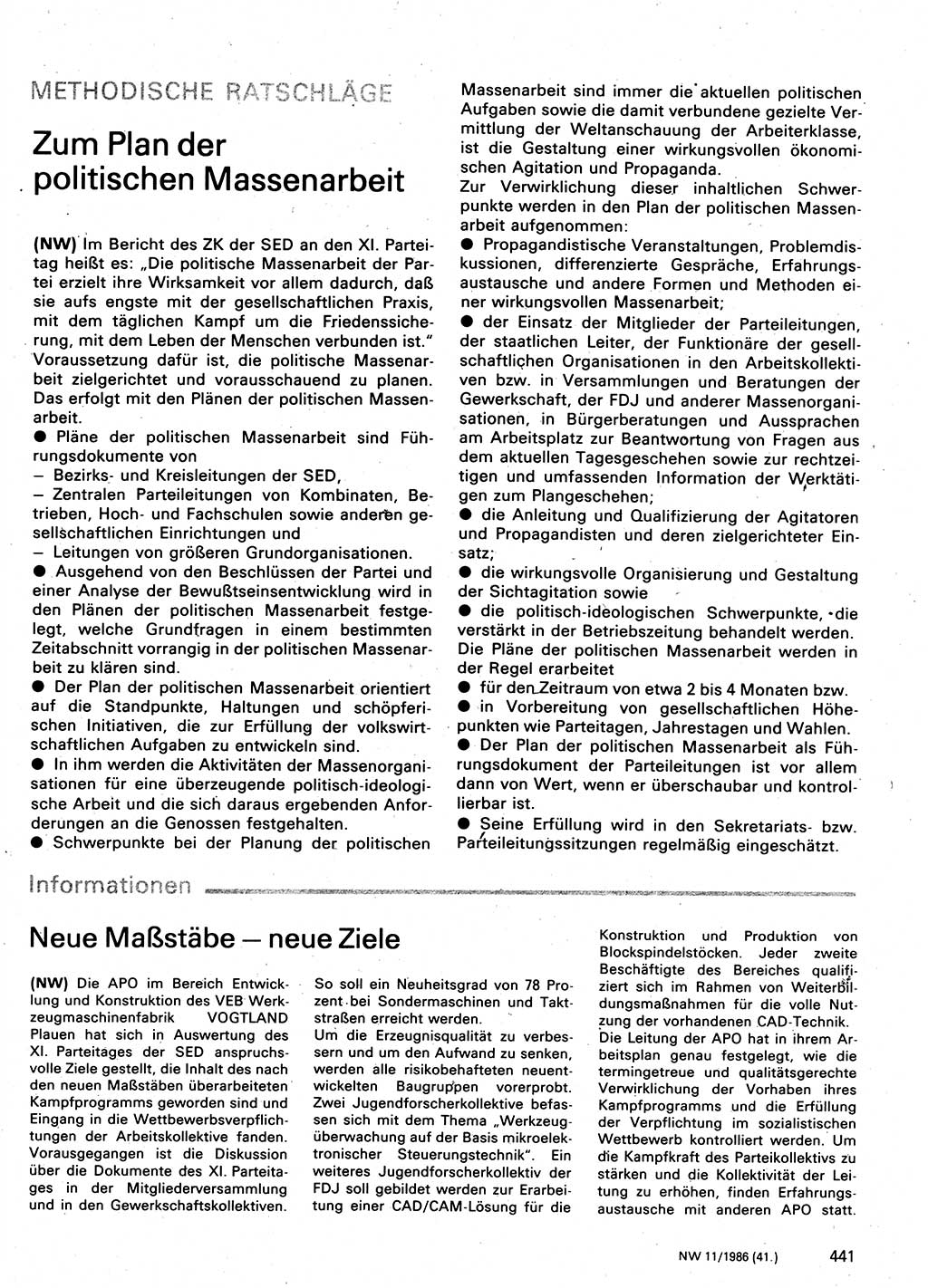 Neuer Weg (NW), Organ des Zentralkomitees (ZK) der SED (Sozialistische Einheitspartei Deutschlands) für Fragen des Parteilebens, 41. Jahrgang [Deutsche Demokratische Republik (DDR)] 1986, Seite 441 (NW ZK SED DDR 1986, S. 441)