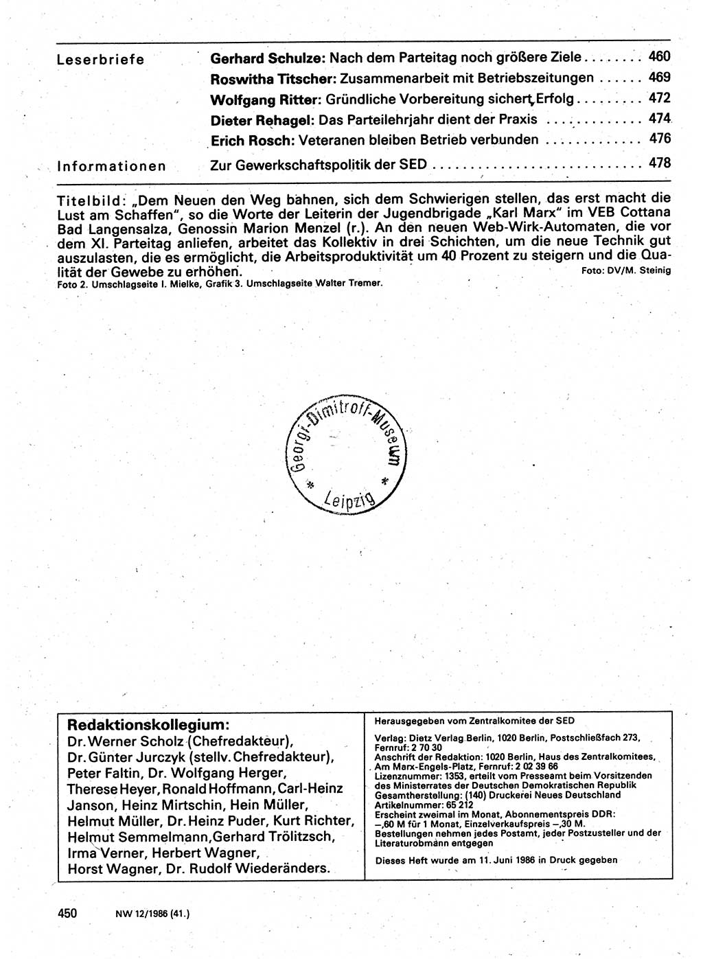 Neuer Weg (NW), Organ des Zentralkomitees (ZK) der SED (Sozialistische Einheitspartei Deutschlands) für Fragen des Parteilebens, 41. Jahrgang [Deutsche Demokratische Republik (DDR)] 1986, Seite 450 (NW ZK SED DDR 1986, S. 450)