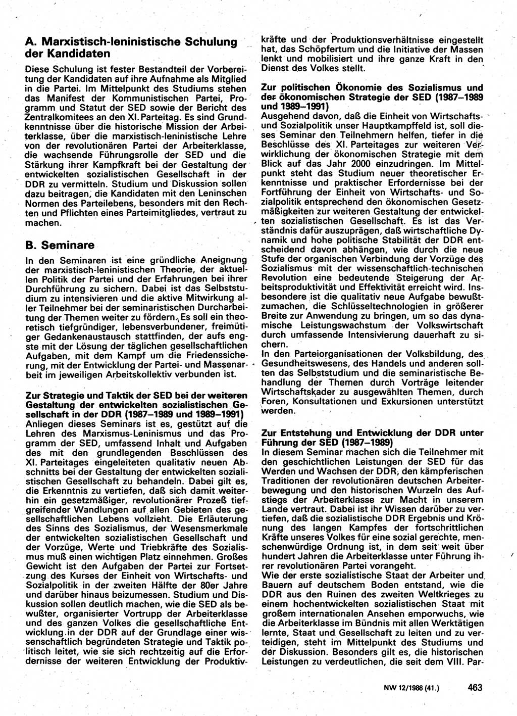 Neuer Weg (NW), Organ des Zentralkomitees (ZK) der SED (Sozialistische Einheitspartei Deutschlands) für Fragen des Parteilebens, 41. Jahrgang [Deutsche Demokratische Republik (DDR)] 1986, Seite 463 (NW ZK SED DDR 1986, S. 463)