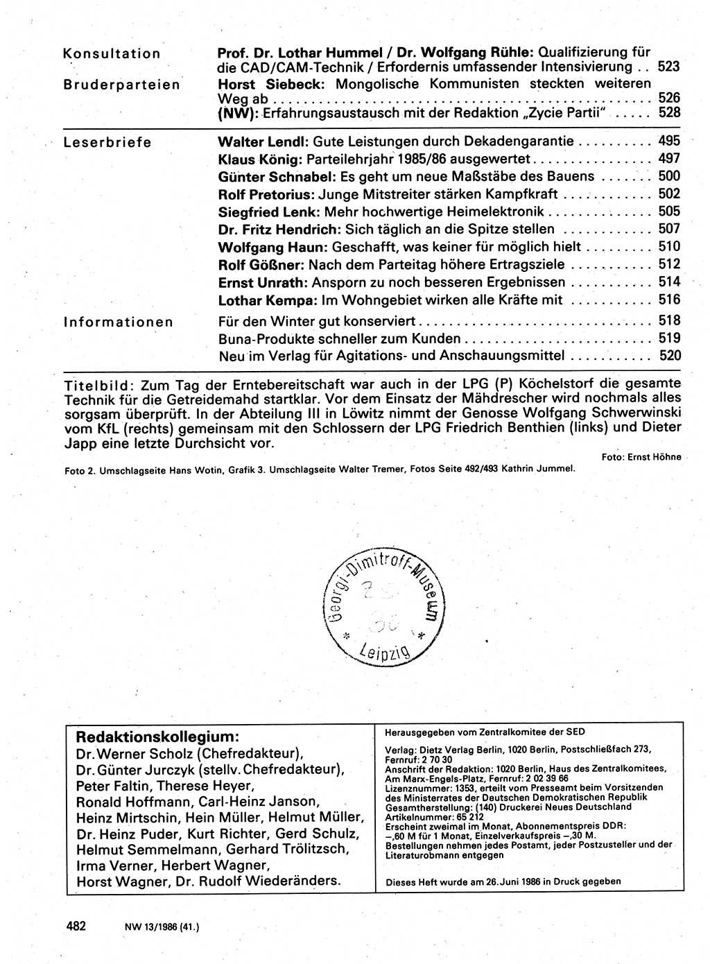 Neuer Weg (NW), Organ des Zentralkomitees (ZK) der SED (Sozialistische Einheitspartei Deutschlands) für Fragen des Parteilebens, 41. Jahrgang [Deutsche Demokratische Republik (DDR)] 1986, Seite 482 (NW ZK SED DDR 1986, S. 482)