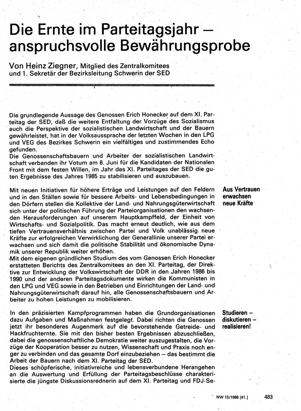 Neuer Weg (NW), Organ des Zentralkomitees (ZK) der SED (Sozialistische Einheitspartei Deutschlands) für Fragen des Parteilebens, 41. Jahrgang [Deutsche Demokratische Republik (DDR)] 1986, Seite 483 (NW ZK SED DDR 1986, S. 483)