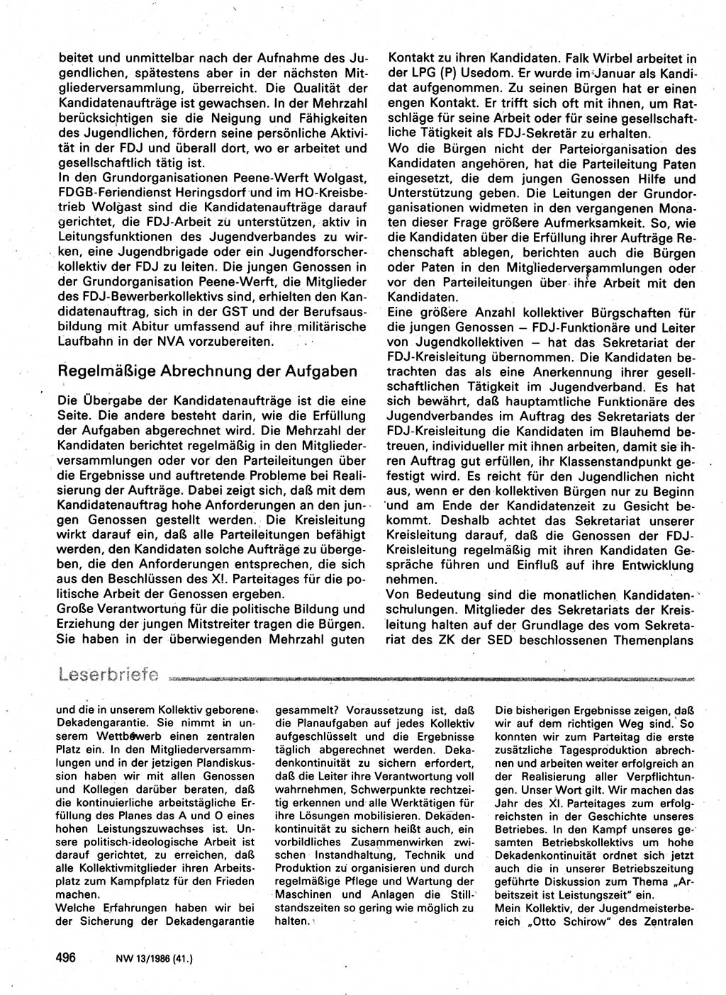 Neuer Weg (NW), Organ des Zentralkomitees (ZK) der SED (Sozialistische Einheitspartei Deutschlands) für Fragen des Parteilebens, 41. Jahrgang [Deutsche Demokratische Republik (DDR)] 1986, Seite 496 (NW ZK SED DDR 1986, S. 496)