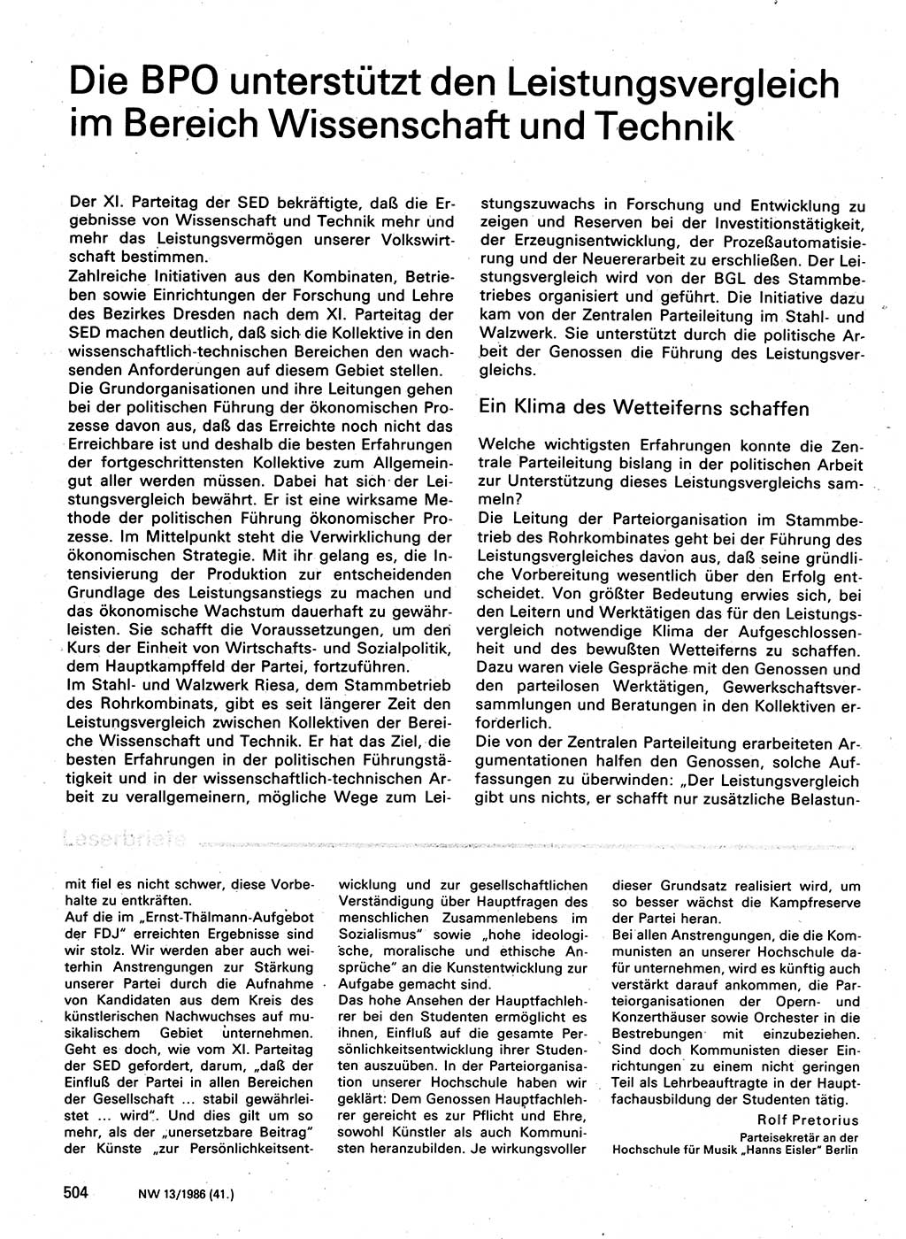 Neuer Weg (NW), Organ des Zentralkomitees (ZK) der SED (Sozialistische Einheitspartei Deutschlands) für Fragen des Parteilebens, 41. Jahrgang [Deutsche Demokratische Republik (DDR)] 1986, Seite 504 (NW ZK SED DDR 1986, S. 504)