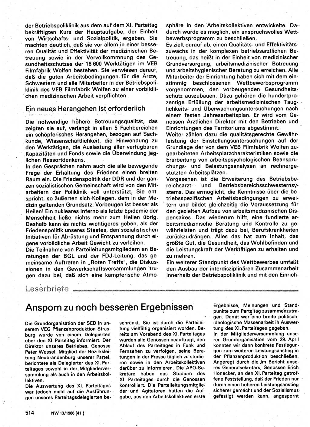 Neuer Weg (NW), Organ des Zentralkomitees (ZK) der SED (Sozialistische Einheitspartei Deutschlands) für Fragen des Parteilebens, 41. Jahrgang [Deutsche Demokratische Republik (DDR)] 1986, Seite 514 (NW ZK SED DDR 1986, S. 514)