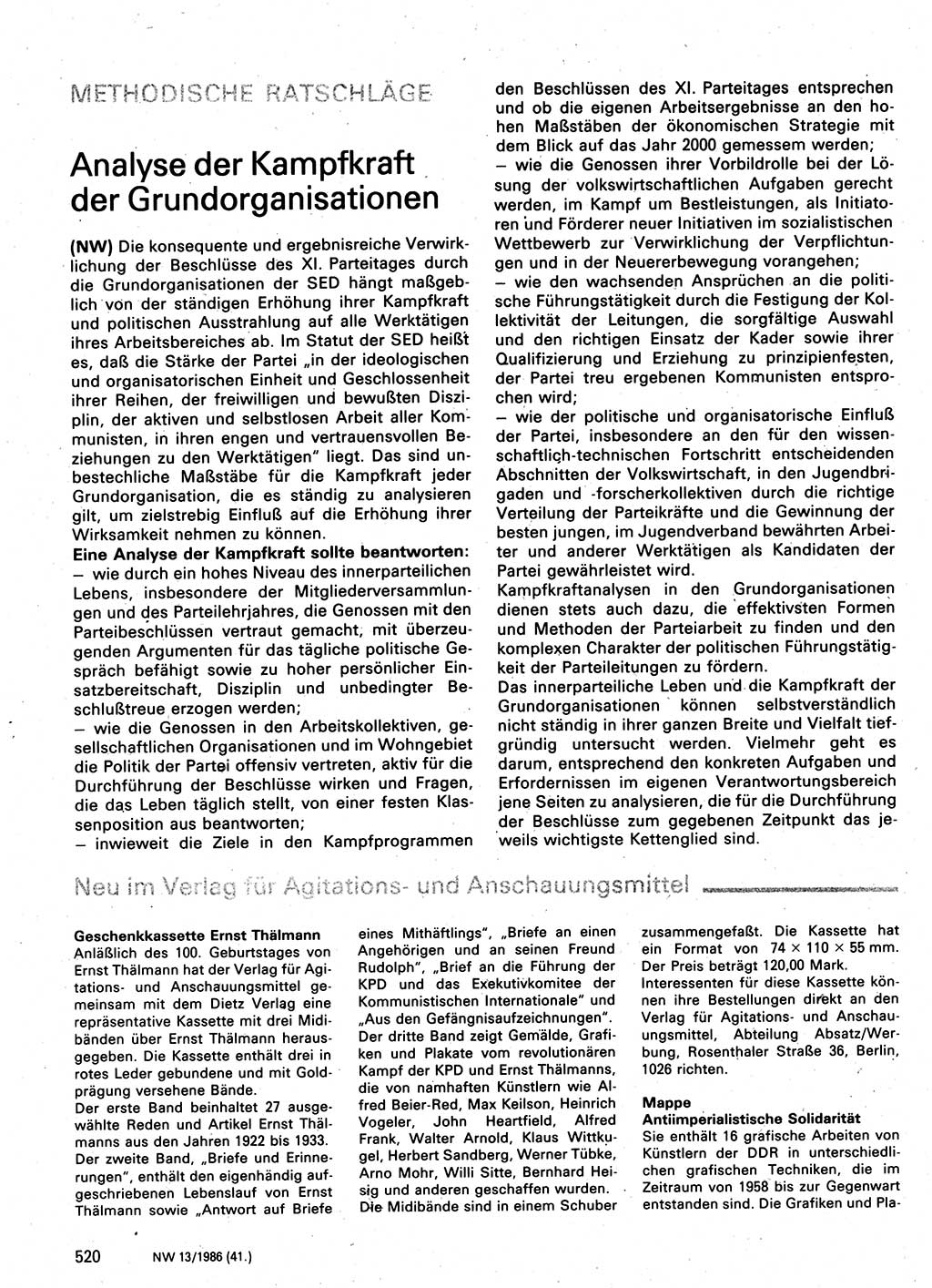 Neuer Weg (NW), Organ des Zentralkomitees (ZK) der SED (Sozialistische Einheitspartei Deutschlands) für Fragen des Parteilebens, 41. Jahrgang [Deutsche Demokratische Republik (DDR)] 1986, Seite 520 (NW ZK SED DDR 1986, S. 520)