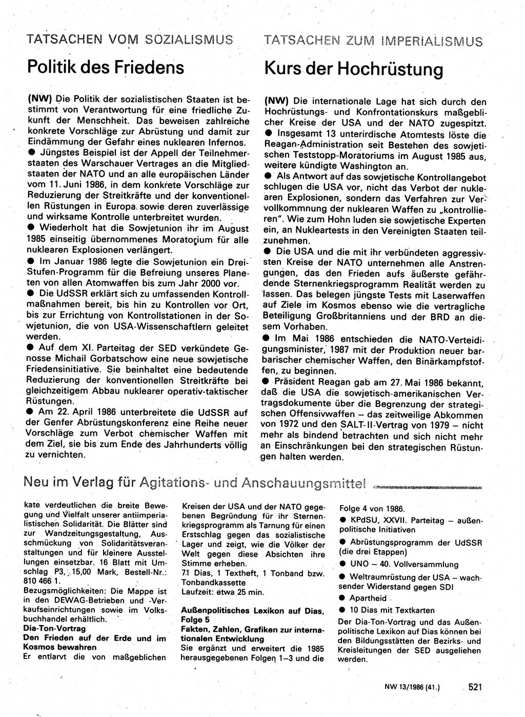 Neuer Weg (NW), Organ des Zentralkomitees (ZK) der SED (Sozialistische Einheitspartei Deutschlands) für Fragen des Parteilebens, 41. Jahrgang [Deutsche Demokratische Republik (DDR)] 1986, Seite 521 (NW ZK SED DDR 1986, S. 521)