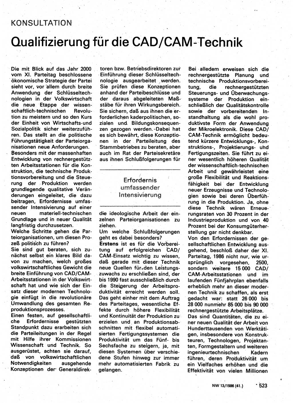 Neuer Weg (NW), Organ des Zentralkomitees (ZK) der SED (Sozialistische Einheitspartei Deutschlands) für Fragen des Parteilebens, 41. Jahrgang [Deutsche Demokratische Republik (DDR)] 1986, Seite 523 (NW ZK SED DDR 1986, S. 523)