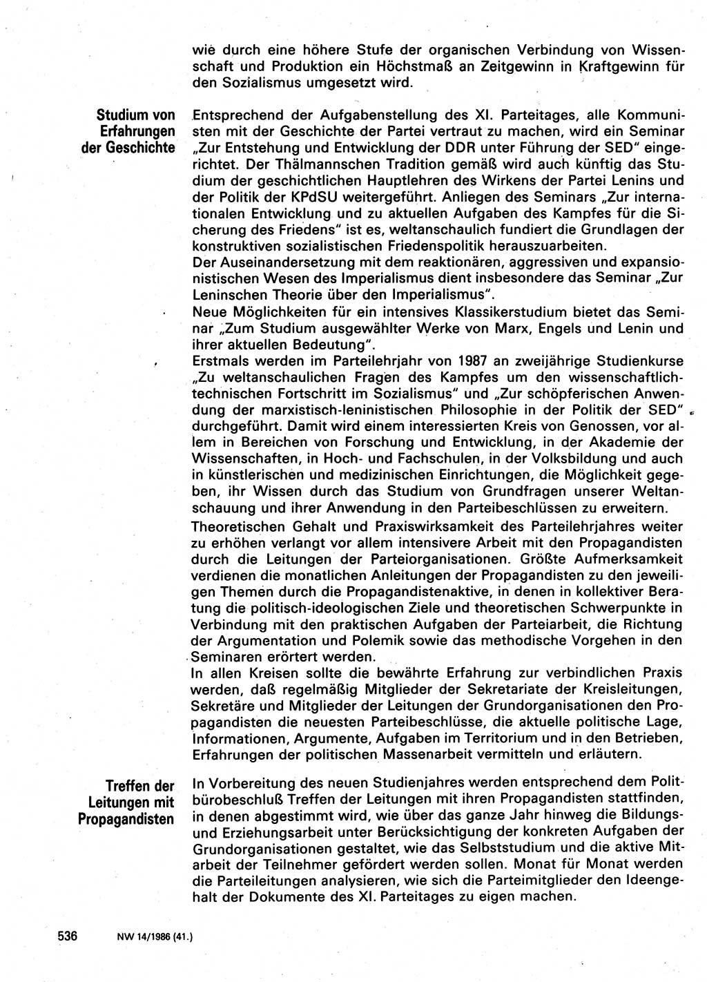 Neuer Weg (NW), Organ des Zentralkomitees (ZK) der SED (Sozialistische Einheitspartei Deutschlands) für Fragen des Parteilebens, 41. Jahrgang [Deutsche Demokratische Republik (DDR)] 1986, Seite 536 (NW ZK SED DDR 1986, S. 536)