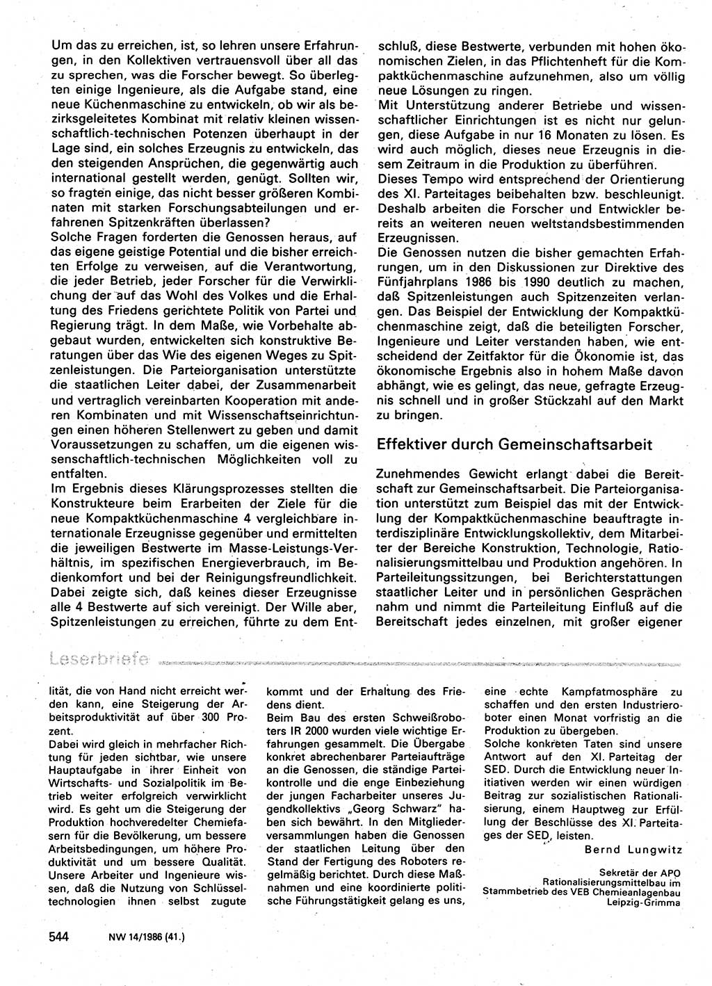 Neuer Weg (NW), Organ des Zentralkomitees (ZK) der SED (Sozialistische Einheitspartei Deutschlands) für Fragen des Parteilebens, 41. Jahrgang [Deutsche Demokratische Republik (DDR)] 1986, Seite 544 (NW ZK SED DDR 1986, S. 544)