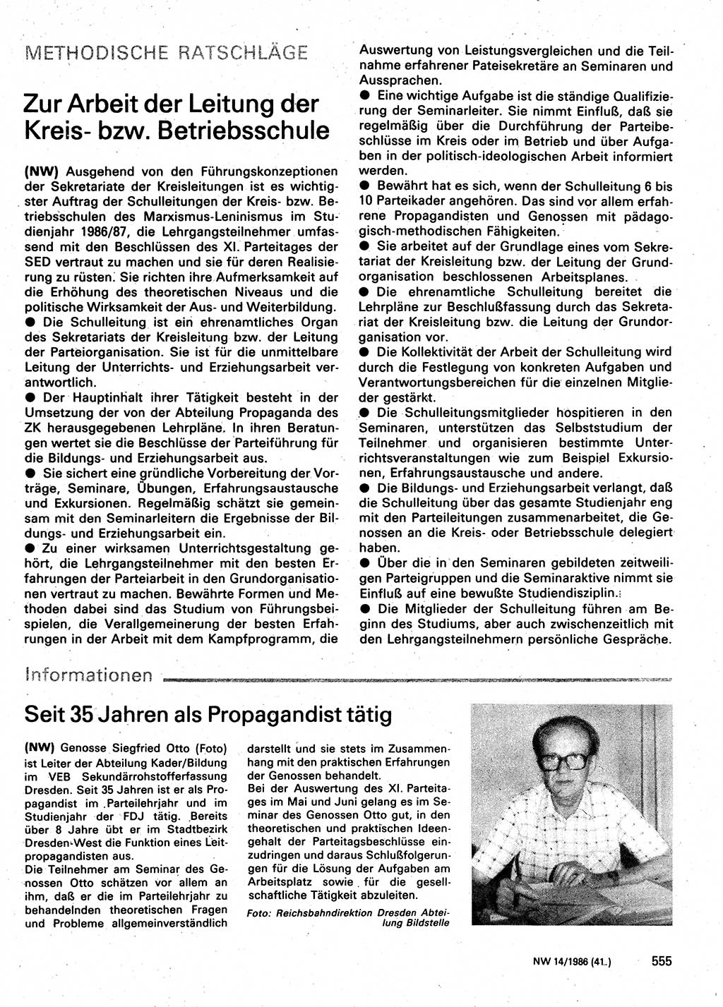 Neuer Weg (NW), Organ des Zentralkomitees (ZK) der SED (Sozialistische Einheitspartei Deutschlands) für Fragen des Parteilebens, 41. Jahrgang [Deutsche Demokratische Republik (DDR)] 1986, Seite 555 (NW ZK SED DDR 1986, S. 555)