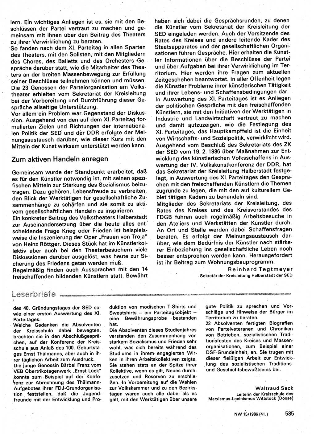 Neuer Weg (NW), Organ des Zentralkomitees (ZK) der SED (Sozialistische Einheitspartei Deutschlands) für Fragen des Parteilebens, 41. Jahrgang [Deutsche Demokratische Republik (DDR)] 1986, Seite 585 (NW ZK SED DDR 1986, S. 585)