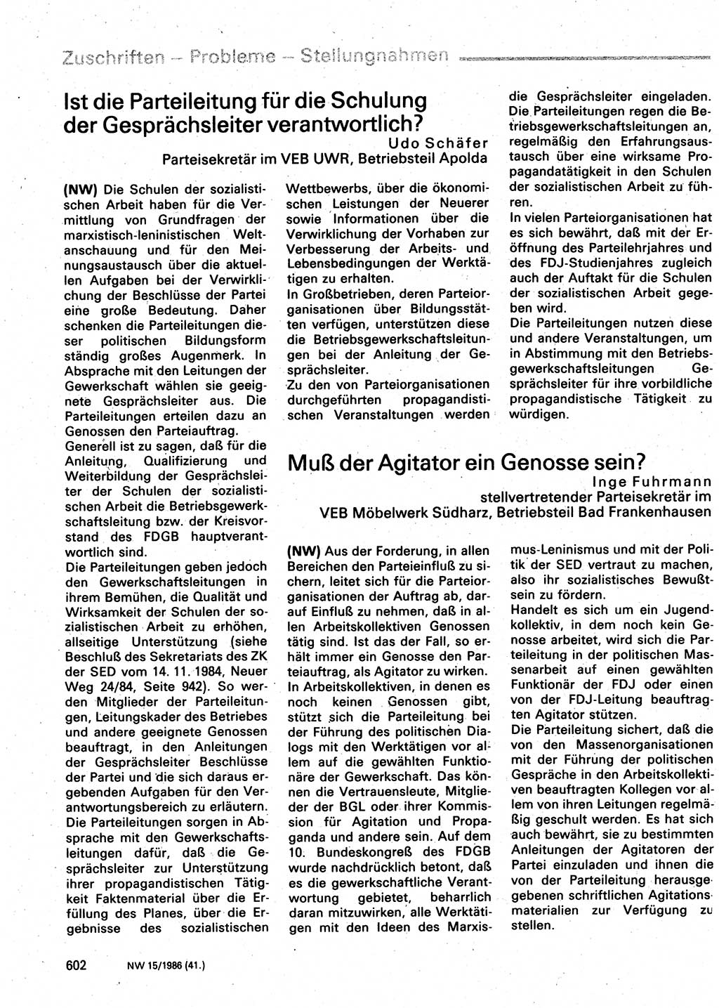 Neuer Weg (NW), Organ des Zentralkomitees (ZK) der SED (Sozialistische Einheitspartei Deutschlands) für Fragen des Parteilebens, 41. Jahrgang [Deutsche Demokratische Republik (DDR)] 1986, Seite 602 (NW ZK SED DDR 1986, S. 602)