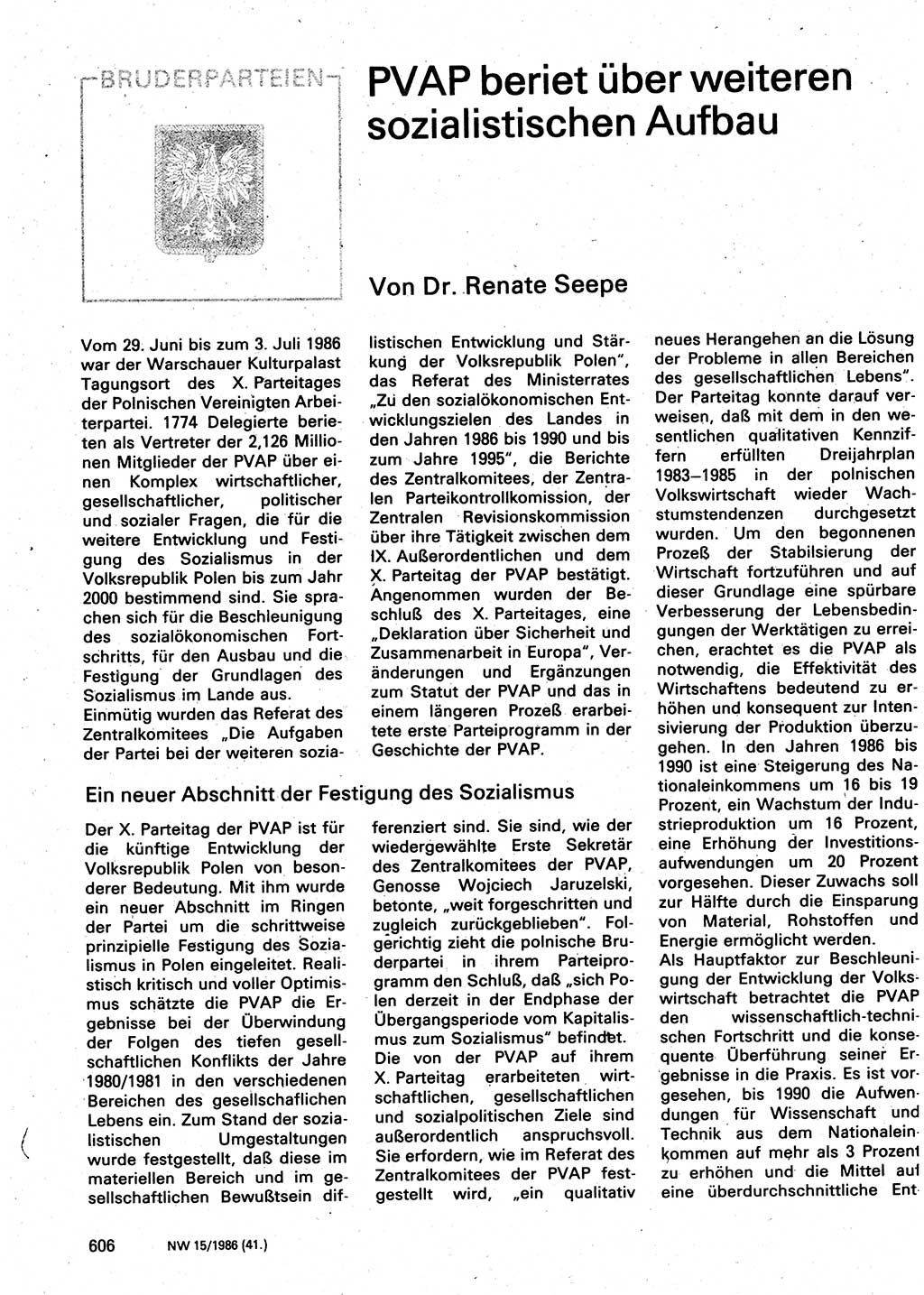 Neuer Weg (NW), Organ des Zentralkomitees (ZK) der SED (Sozialistische Einheitspartei Deutschlands) für Fragen des Parteilebens, 41. Jahrgang [Deutsche Demokratische Republik (DDR)] 1986, Seite 606 (NW ZK SED DDR 1986, S. 606)